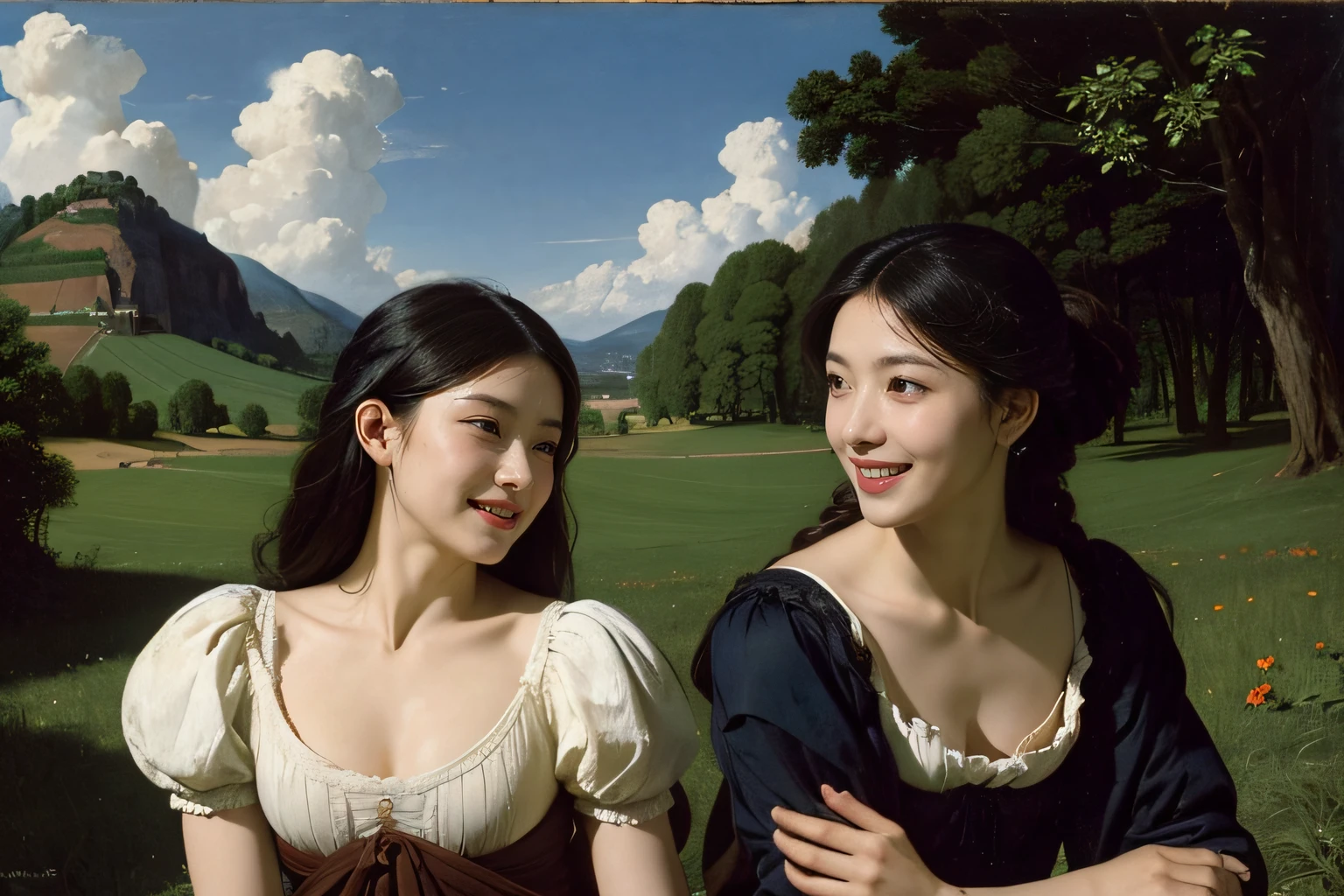 Poussin-style landscape,A smile,,Sweet and seductive appearance.、Caravaggio's paintings、Chiaroscuro of Caravaggio、Hair disheveled in the wind,Two women frolicking,Cute smile, Expression of ecstasy
