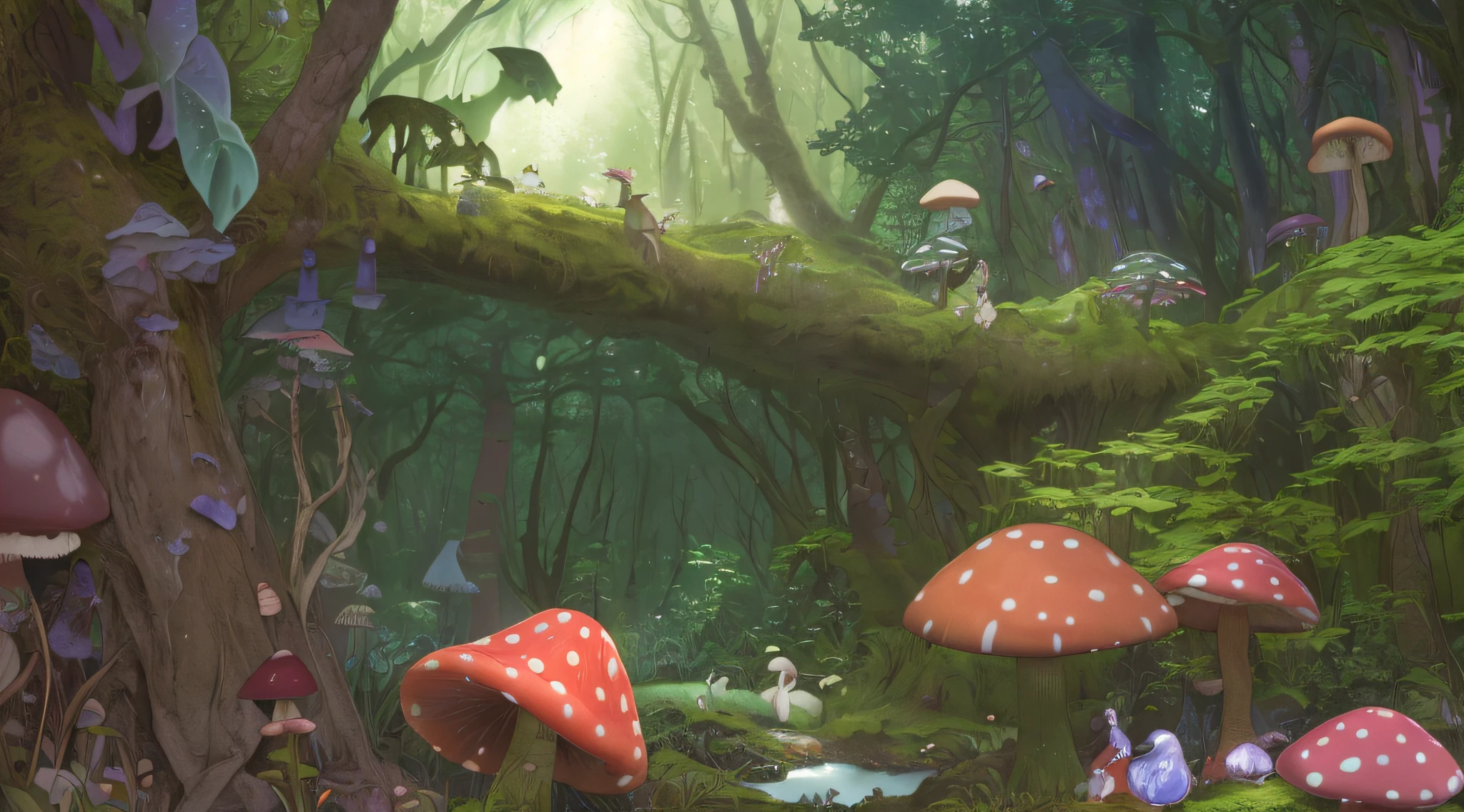 (best quality,4k,highres),woodland, magical forest, mushroom, cartoon style, colorful, vibrant colors, detailed textures, enchanting atmosphere, sunlight filtering through the trees, moss-covered ground, towering trees, whimsical creatures peeking out, fairytale-like, sense of wonder, peaceful, serene, nature, fantasy, tranquility, vivid hues, surreal, dreamy ambiance