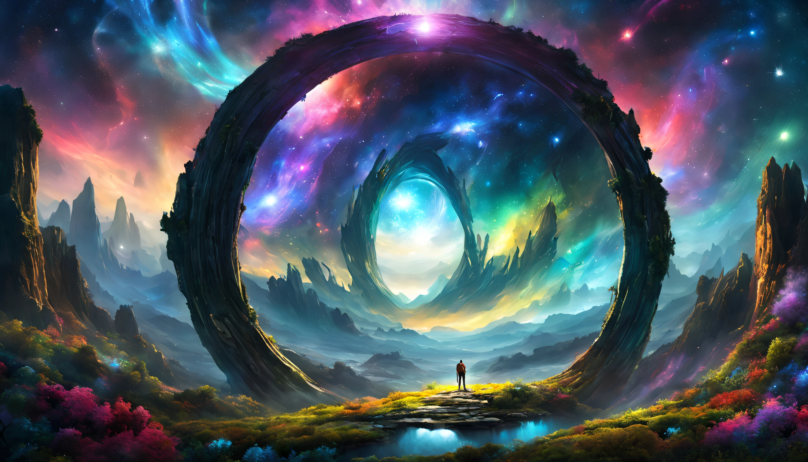 view from afar where a person stands in front of a huge landscape of nature growing from a huge cosmic portal against the backdrop of a cosmic landscape, colorful mystic light, UHD, by Alexander Jansson and Aleksi Briclot and Arnold Böcklin