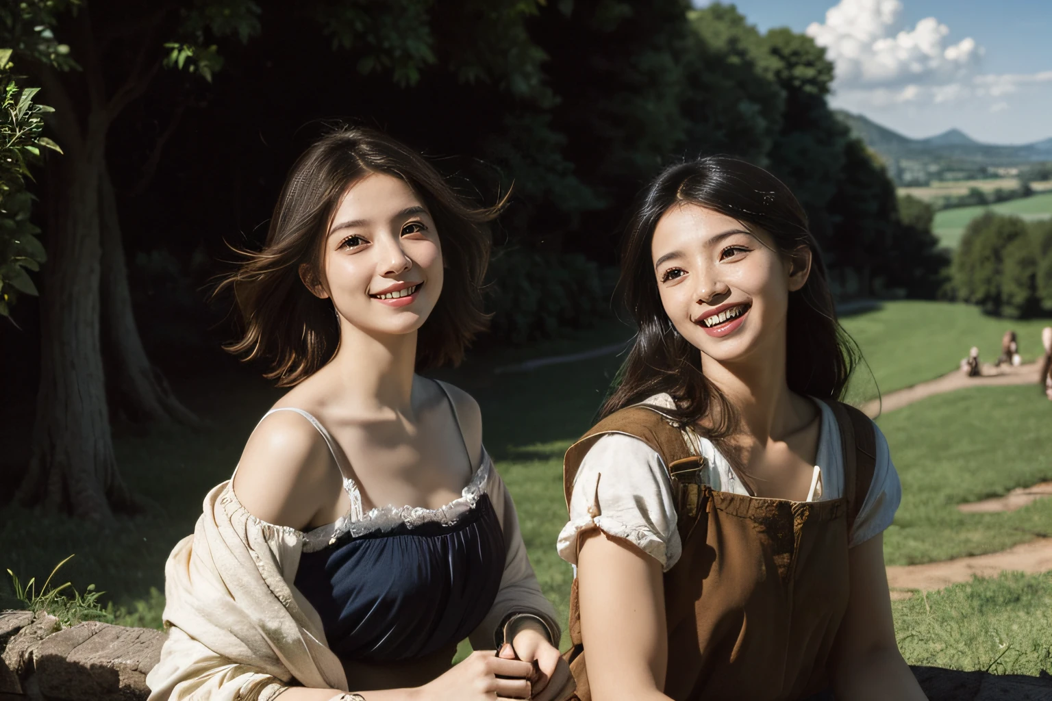 Poussin-style landscape,A smile,,Sweet and seductive appearance.、Caravaggio's paintings、Chiaroscuro of Caravaggio、Hair disheveled in the wind,Two women frolicking,Cute smile, Expression of ecstasy