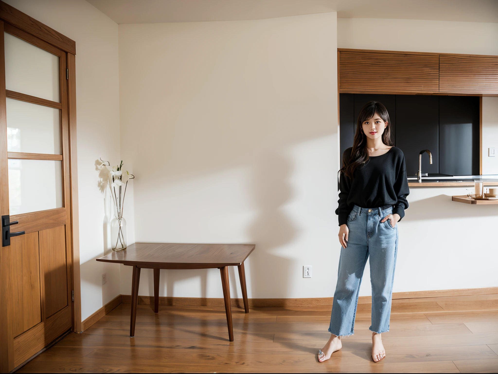 A beautiful, cute woman standing in a house 1 A person, with modern furniture, stands with her feet visible, the woman's face is sharp, the facial details are emphasized,cute beautiful girl,