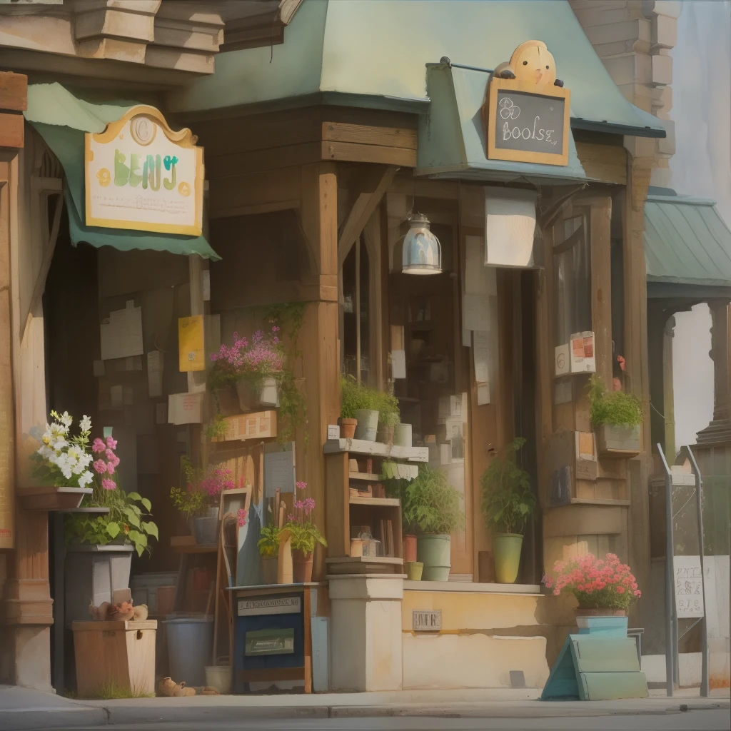 watercolor paiting,pastelcolor,Little bear doll,Sit in front of the door,empty of people,nevando,low-saturation
