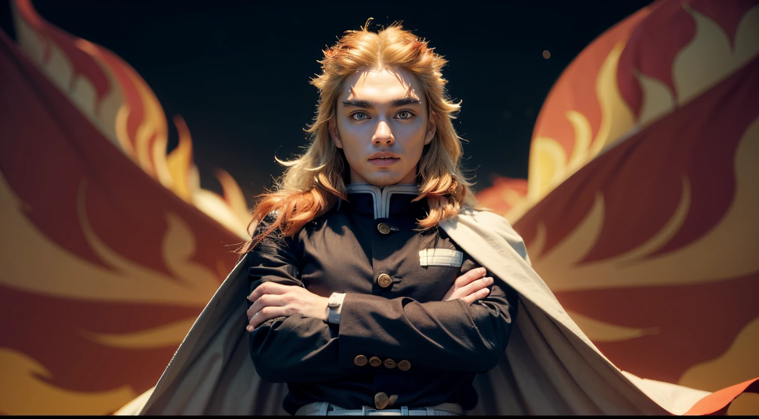 (masterpiece, best quality:1.2), orange theme, cowboy shot, solo, male focus, 1boy, rengoku kyojuro, grin, looking at viewer, crossed arms, long hair, forked eyebrows, demon slayer uniform, black jacket, long sleeves, white cape, black pants, white belt, fire