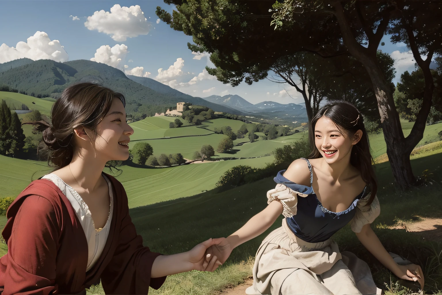 Poussin-style landscape,A smile,,Sweet and seductive appearance.、Caravaggio's paintings、Chiaroscuro of Caravaggio、Hair disheveled in the wind,Two women frolicking,Cute smile, Expression of ecstasy