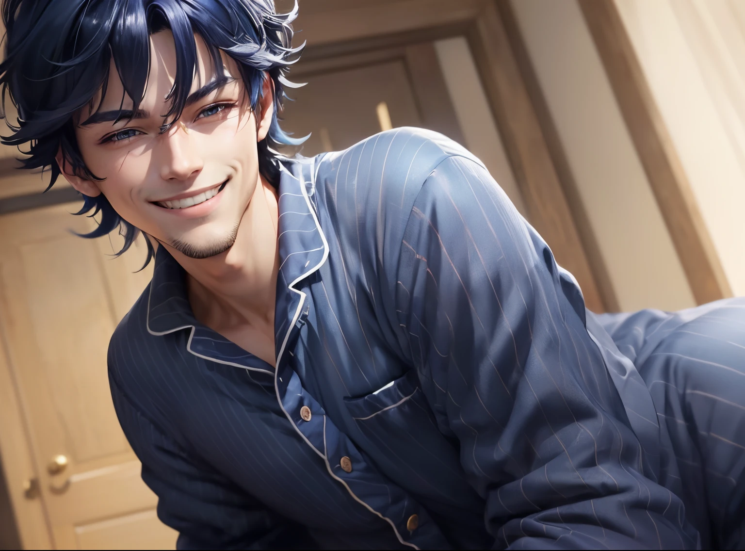 ((top-quality、8K、masterpiece:1.3))、foco nítido:1.2、独奏
(((Handsome dark blue haired man wearing pajamas and smiling)))、shinkai makoto