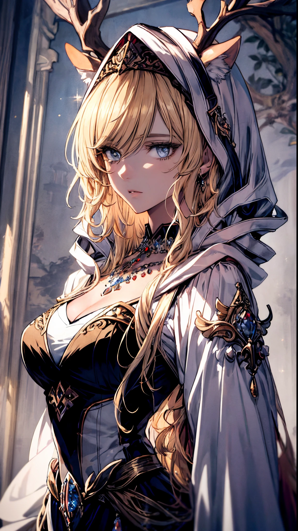 (Best quality at best, 4K, 8K, A high resolution, tmasterpiece:1.2), ultra - detailed, Noble maiden, exquisite facial features，Long blonde curly hair details expressed, Beautiful posture, Fantastical Atmosphere, expressive brush strokes, mystical ambiance, Artistic interpretation,Delicate curls，Detailed floral jewelry, Crystal diamond jewelry，Small fresh aesthetics，Stunning intricate costumes, Fantasy illustration, Subtle colors and tones, The details have been upgraded