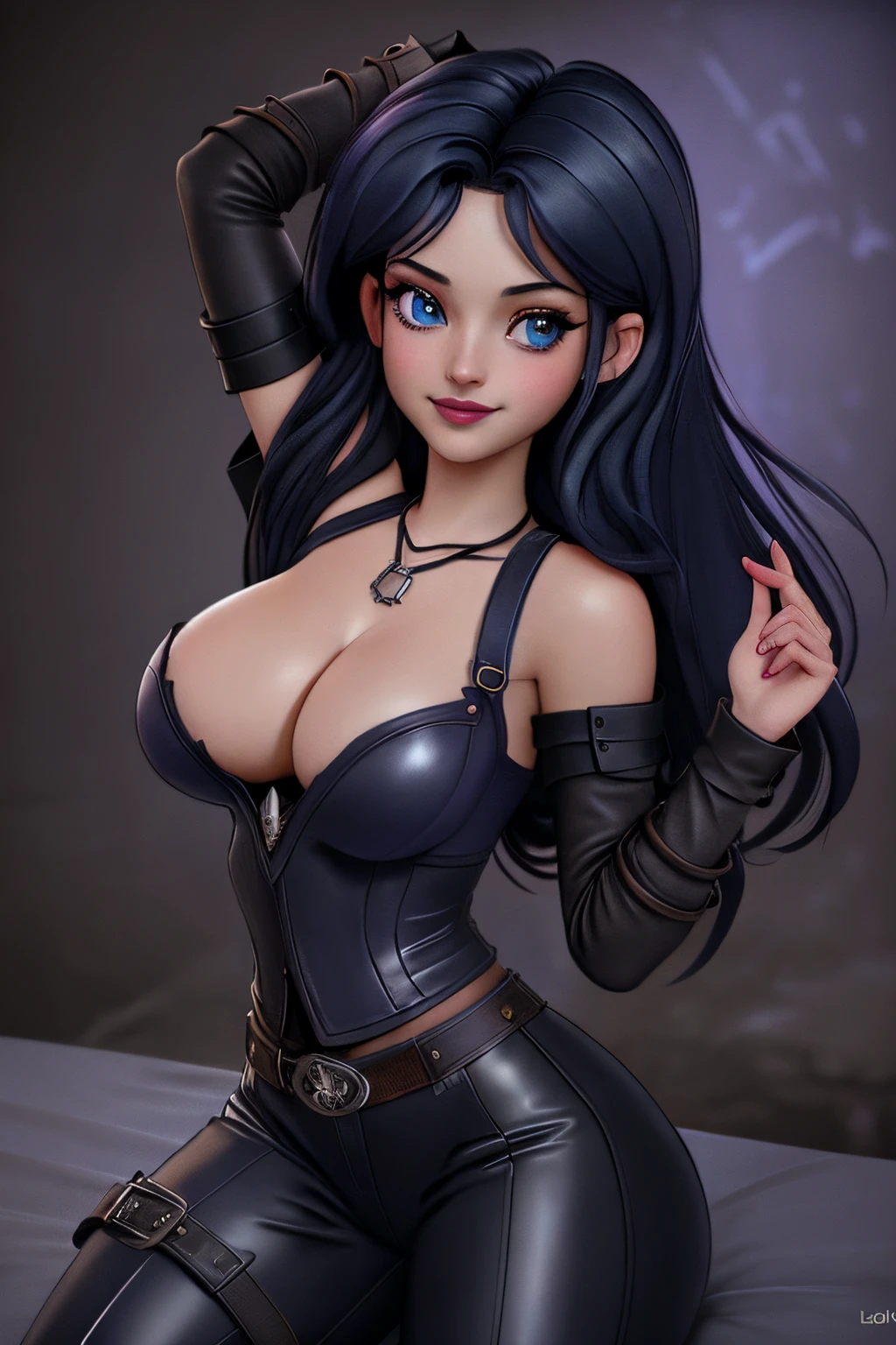 close up 1girl in, 20years, Solo, Aesthetic artwork, long dark blue hair, thick dark blue hair, light blue eyes, clear skin, pale skin, massive breasts, DD-Cup, cleavage, fit body, (round hips, thin waist: 1.25), (Sirius face, dark lipstick, mischievous smile:1.1), key necklace, (wearing leather corset purple, bare shoulders, leather pants:1.1), (action shot, laying down:1.25), (background, dark dungeon, cage bars:1.13), 4k textures, dark light, RAW intricate, elegant, highly detailed, sharp focus, ((((cinematic look)))), insane details, intricate details, hyperdetailed, low contrast, hard cinematic light, dim colors, exposure blend, hdr, faded