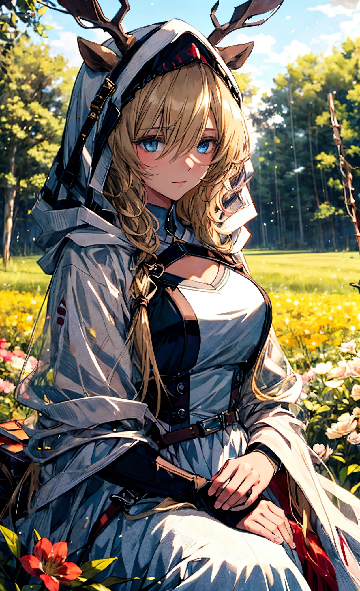 "(Best quality at best, tmasterpiece:1.2), 1 girl with long blond hair sitting in a field with green trees and flowers, She put her hand under her chin, warmly lit, White dress, blurryforeground"