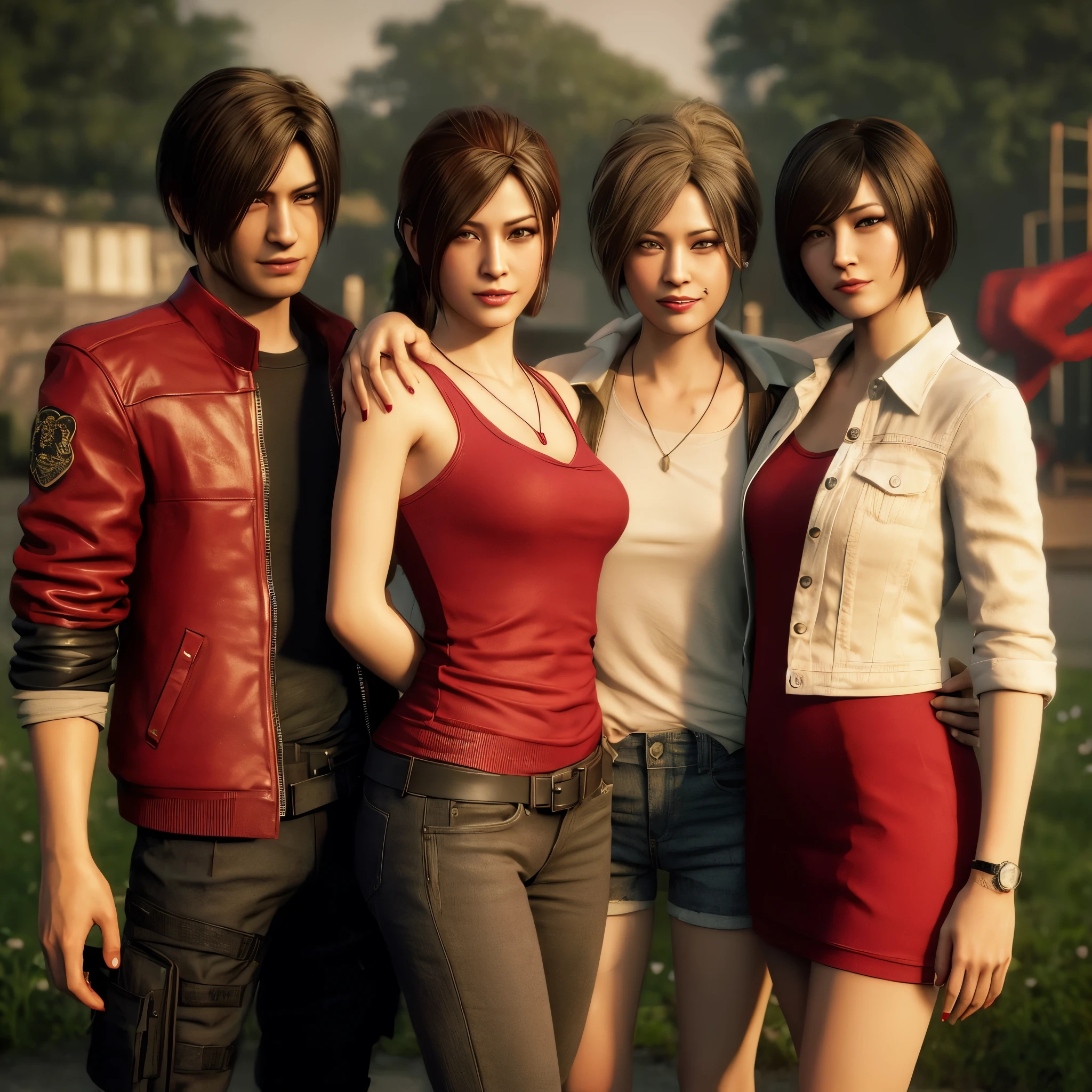 Ada wong ,Woman, wearing red hoody dress, bob hair, red polish, Calm expression, little smile