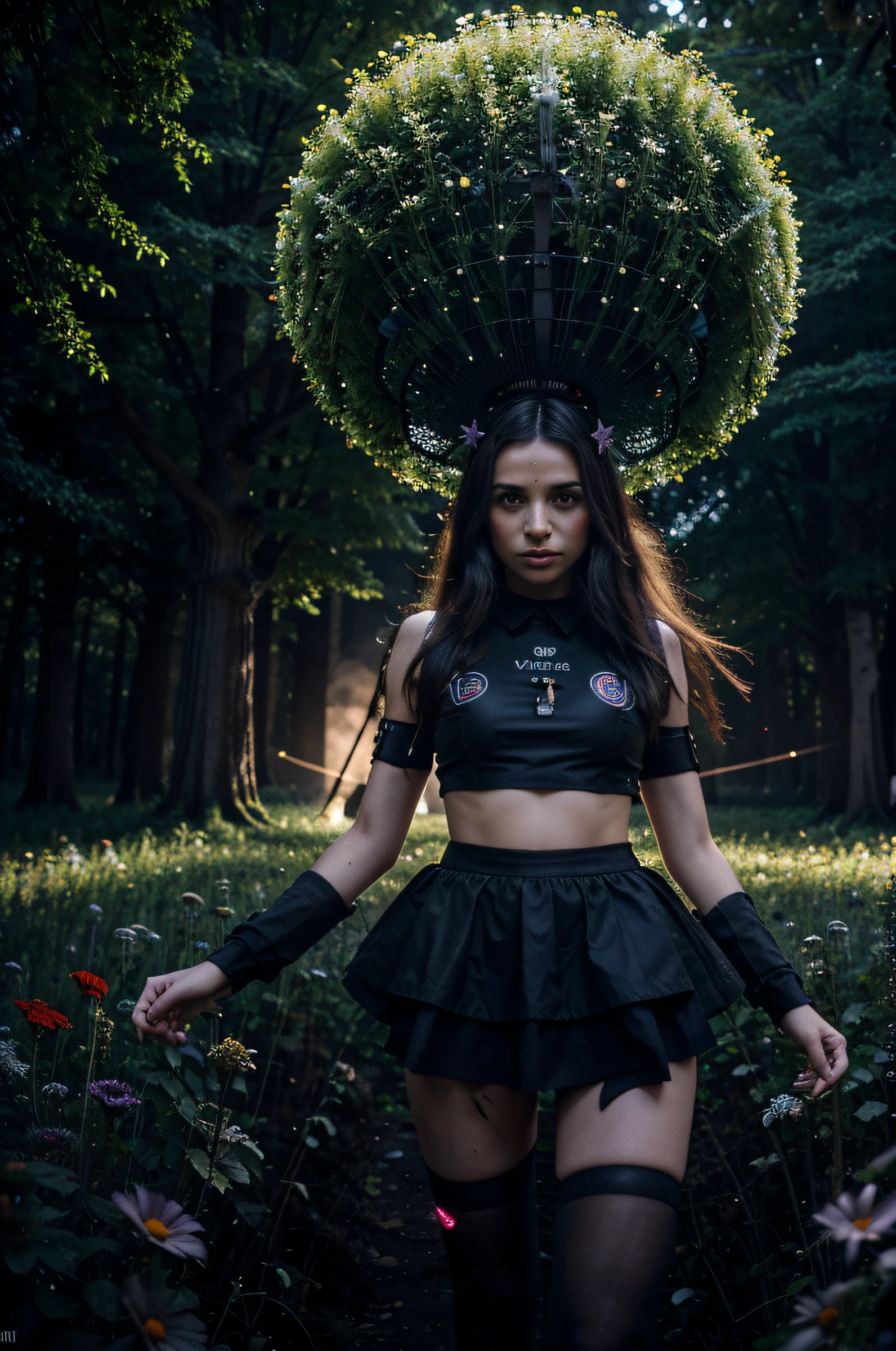 dark vibes, forest with a field of coquelicot flowers, aliens are landing on earth to come party at the biggest raver ever, techno in mind, one female techno raver on the front view, 8k, no blur, bokeh art, glitter on her skirt