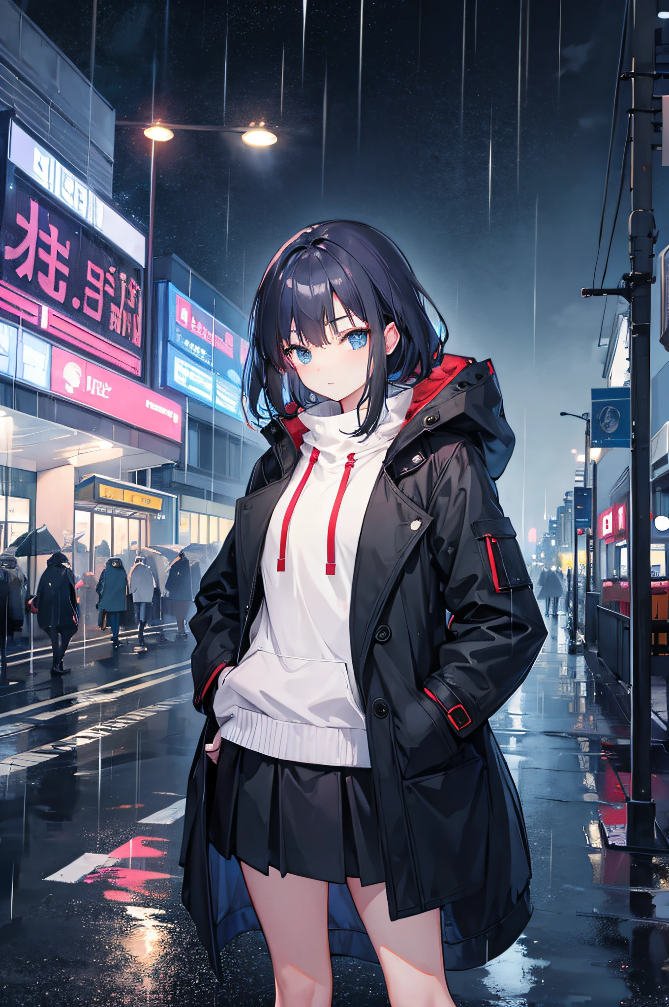 1girl,night city,rain,coat,hands in pockets