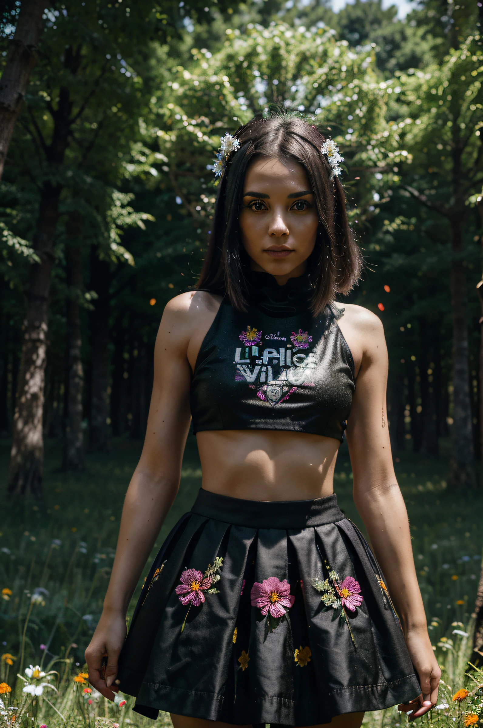 dark vibes, forest with a field of coquelicot flowers, aliens are landing on earth to come party at the biggest raver ever, techno in mind, one female techno raver on the front view, 8k, no blur, bokeh art, glitter on her skirt