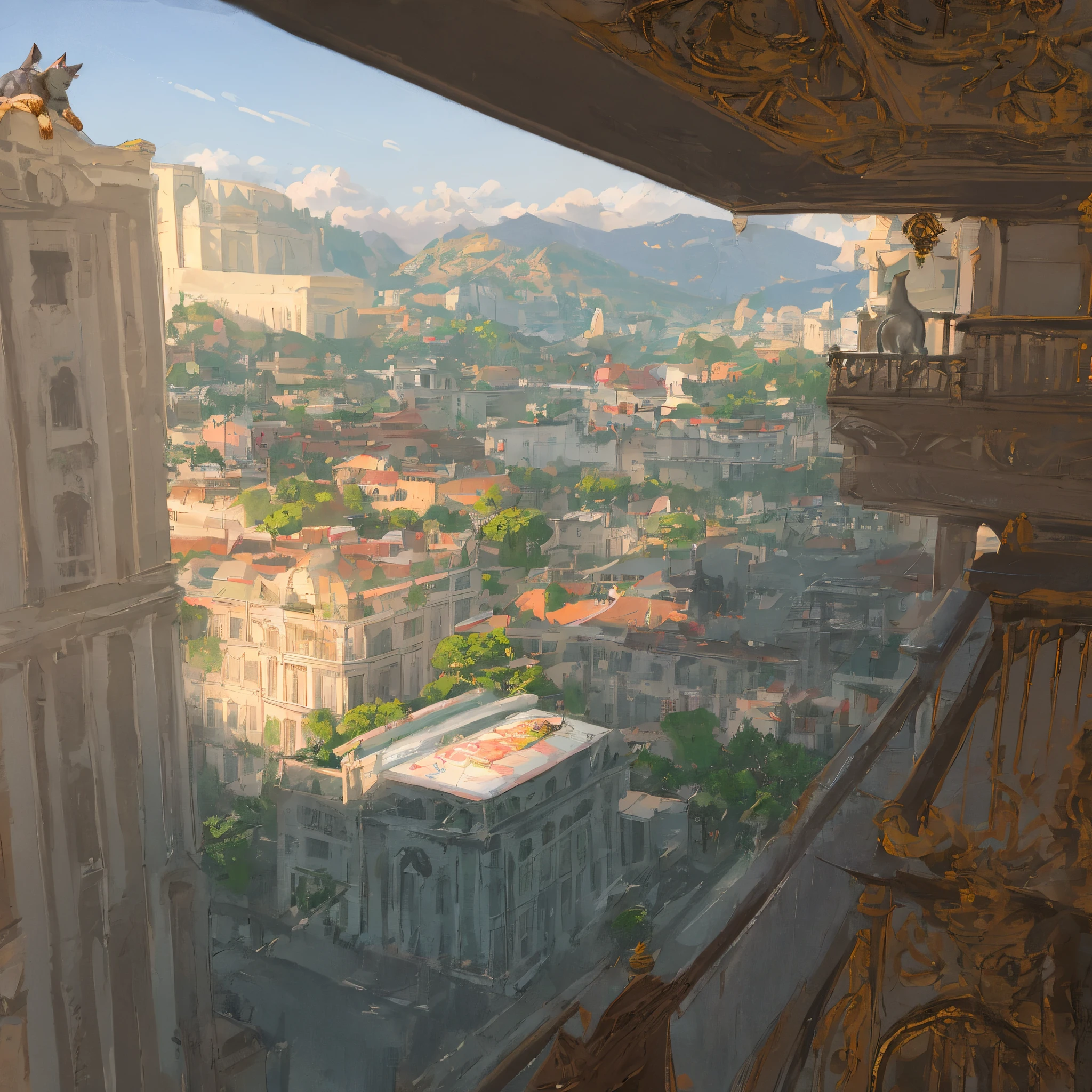 A cat sitting on the balcony looking at the scenery outside