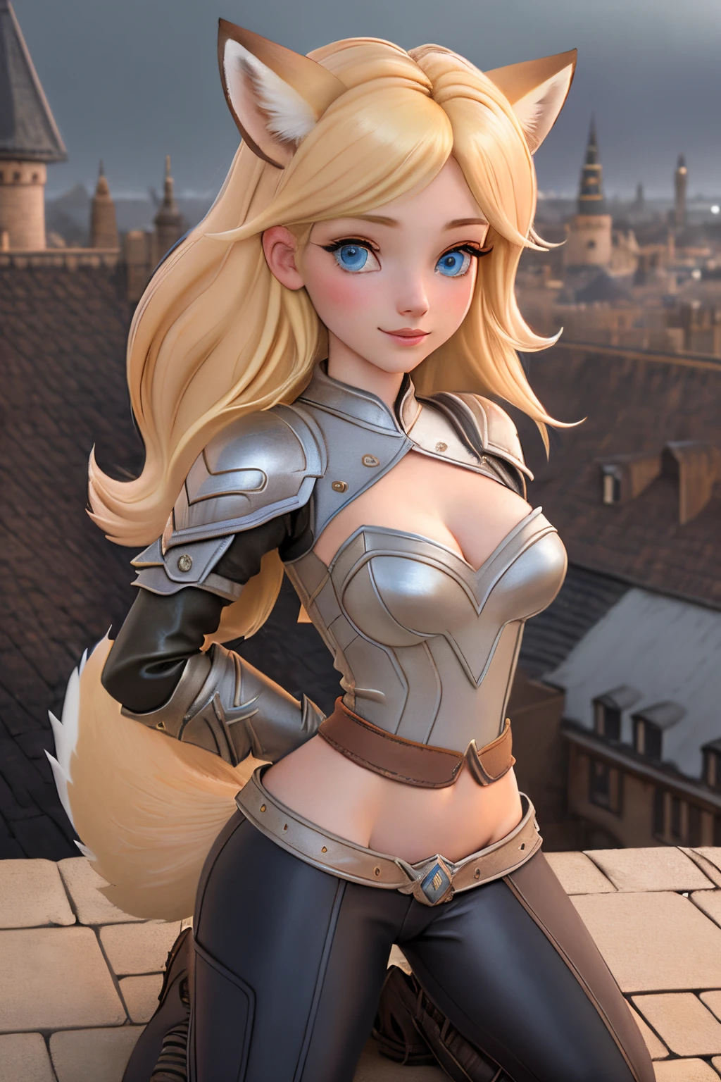 close up 1girl in, teenager, Solo, Aesthetic artwork, blond, straight blonde hair, super long blonde hair, light blue eyes, some small freckles, pale skin, medium breasts, cleavage, runners body, (thin hips, thin waist: 1.25), (arched back:1.12), detailed skin, neutral face, shy smile, (kneeling: 1.25), revealing clothes, wearing leather Warcraft leather armor, leather hunter pants, (dirty blond fox ear:1.25), (detailed Castle roof background:1.1), rooftop, overlooking medieval city, 24mm, 4k textures, soft cinematic light, RAW intricate, elegant, highly detailed, sharp focus, ((((cinematic look)))), soothing tones, insane details, intricate details, hyperdetailed, low contrast, soft cinematic light, dim colors, exposure blend, hdr, faded