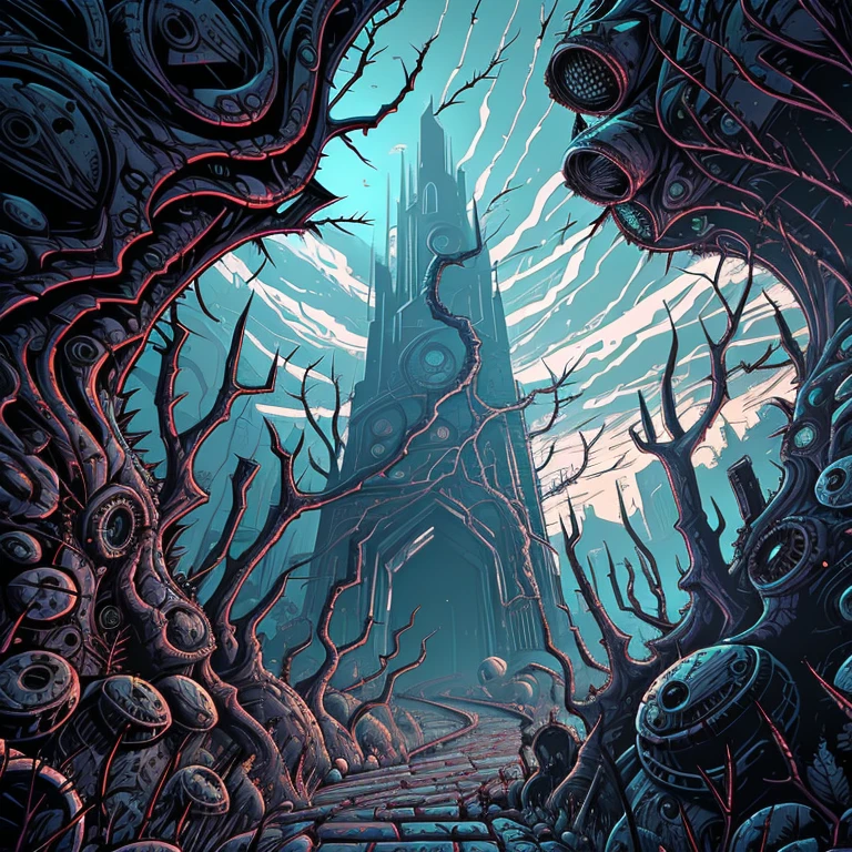 Wide angle, Horror art landscape, complex biomechanicals monuments, spiked walls, madness, thorns. Artstation, UHD, unreal engine, line art drawing style.