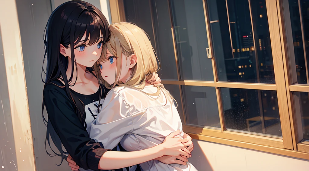 girl hugging another girl in front of a window, raining outside