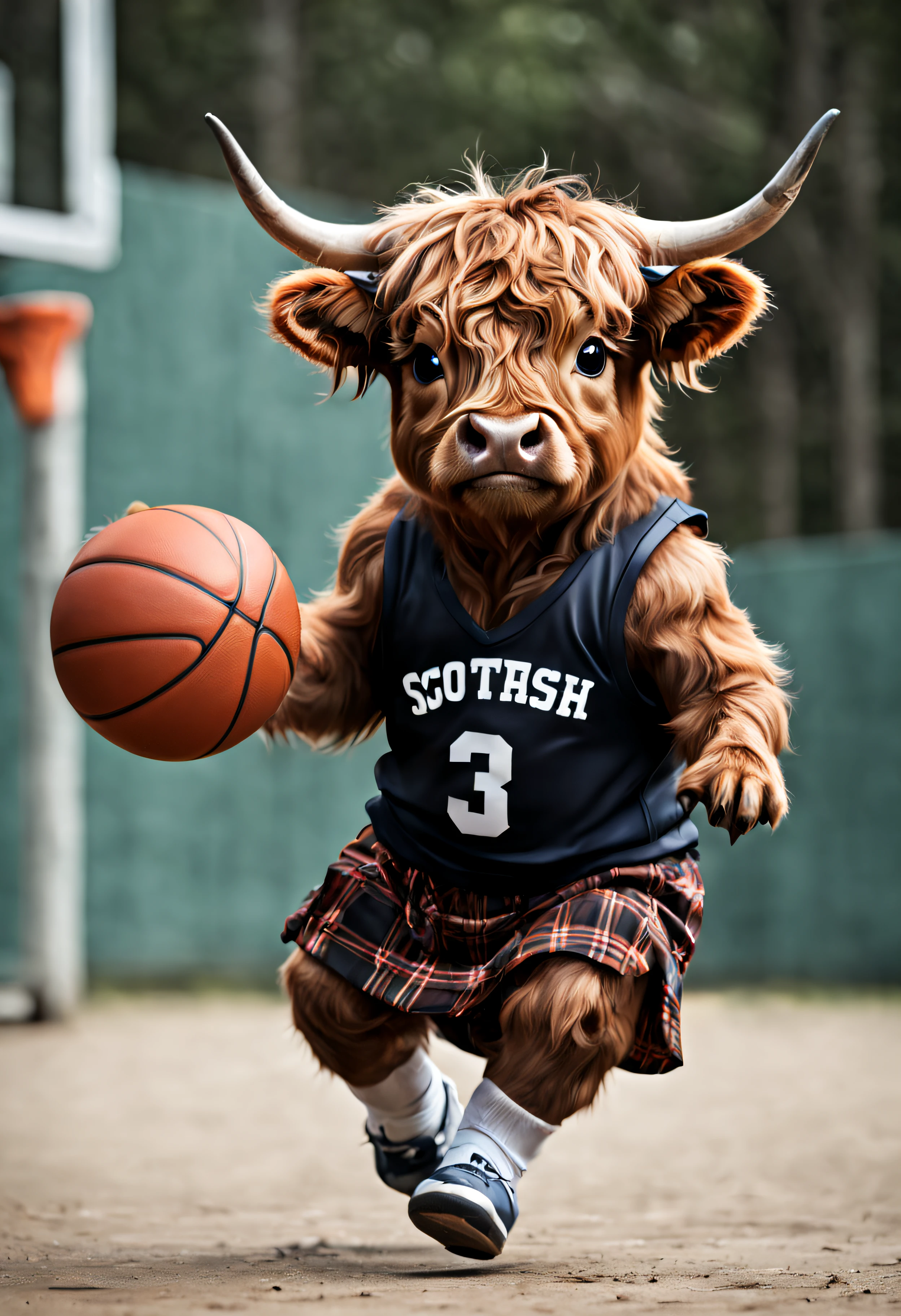 cute, mini scottish highland cow, playing basketball, athletic wear