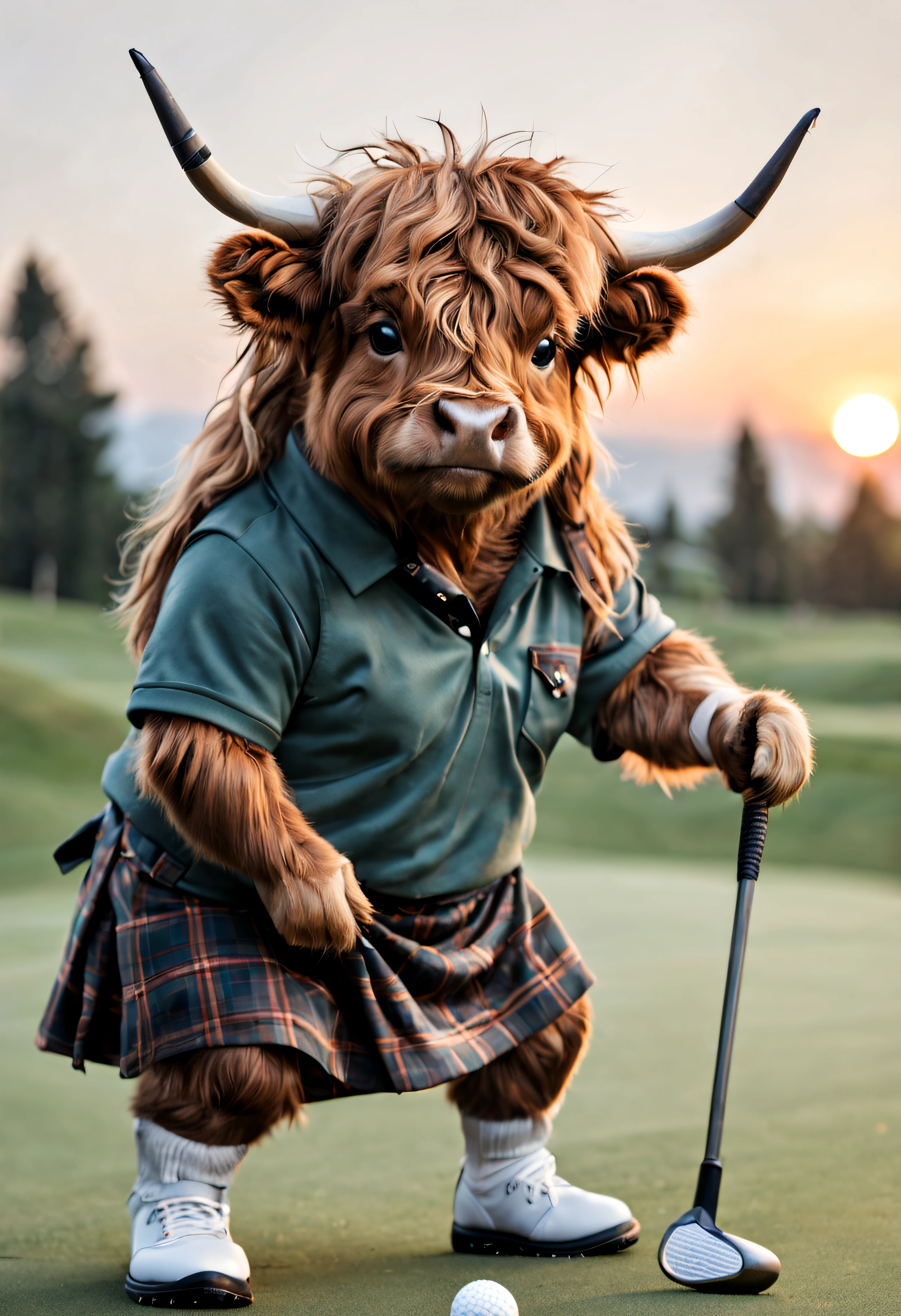cute, Mini scottish highland cow, long hair, playing golf, dressed as a golfer, sunset