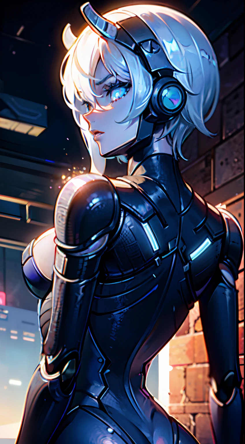 Complex 3d rendering ultra detailed beautiful porcelain profile female android face、Cyborg、Armor equipment、robot parts、150 mm、Beautiful Studio Soft Lights、Rim Light、Vivid details、Luxury Cyberpunk、Lace、surrealistic、Anatomical、facial muscles、cables electric wires、Microchip、elegantly、a beautiful background、Octane render、HR Giger Style、8k、BEST QUALITY、A Masterpiece、A illustration、Extremely Delicate and Beautiful、Highly detailed、CG、Unification、wallpapers、(lifelike、photorealistic:1.37)、fantastic、finely detailed、A Masterpiece、BEST QUALITY、Official Art、Highly detailed CG unity 8k wallpapers、Absurdres、Incredibly absurd、a robot、Silver Halmet、((standding, Very sexy ass, stooping forward、))、from back((upper Body))、NIGHT、Ruins、Woman Engulfed in Blue Flames、glowing black eyes、Beautiful eyes with attention to detail、Silver hair blown by the cyberpunk wind、Intense angry look