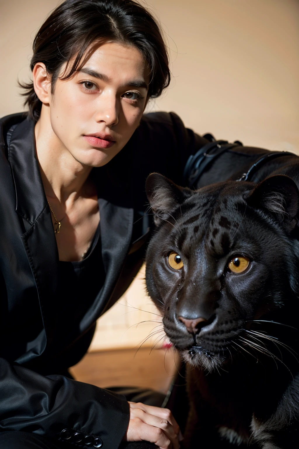 There is a handsome boy next to the black leopard