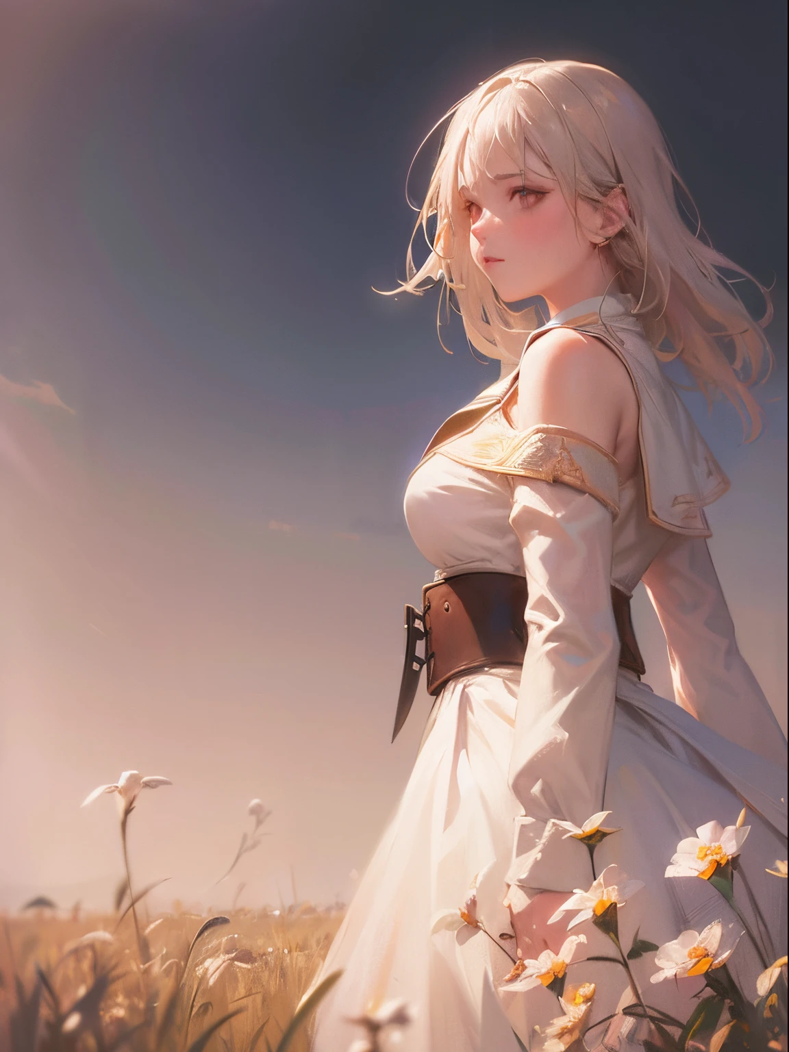 Portrait of a sweet woman in a bright windy field, rivers, (Backlighting), Realistic, Masterpiece, Highest Quality, lens flare, ombre, bloom, [[chromatic aberration]], Jeremy Lipking, by Antonio J. Manzanedo, Digital Painting, Style-GlassFinal, natural skin textures