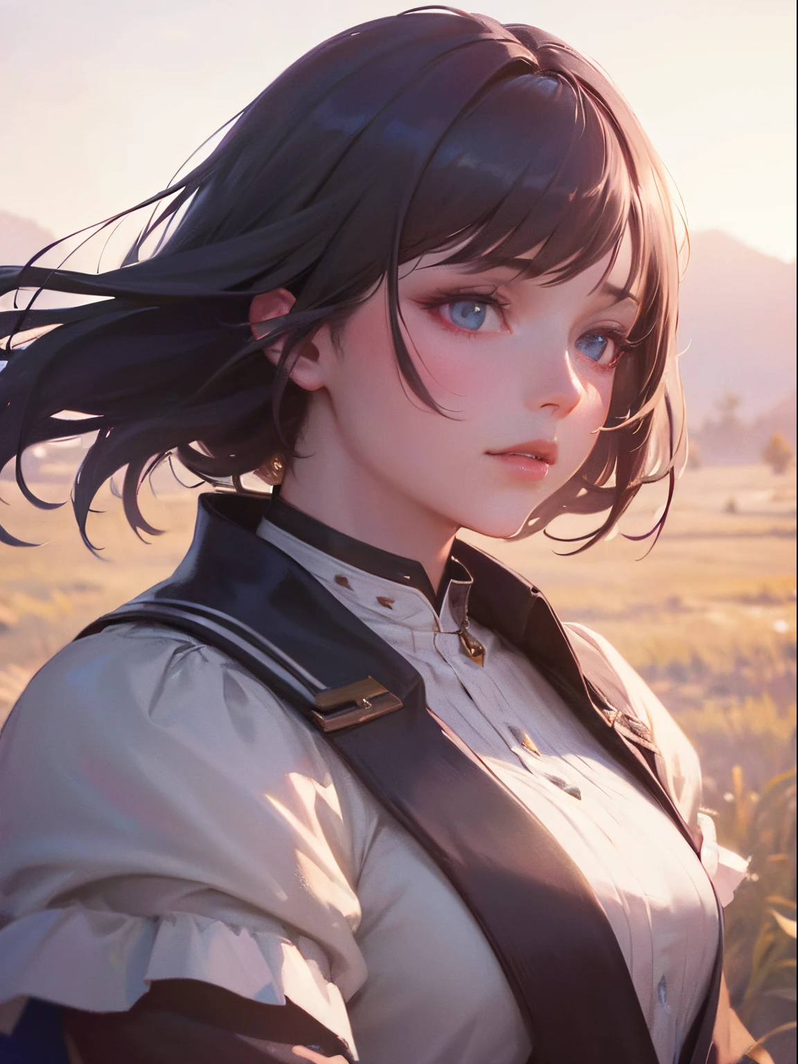Portrait of a sweet woman in a bright windy field, rivers, (Backlighting), Realistic, Masterpiece, Highest Quality, lens flare, ombre, bloom, [[chromatic aberration]], Jeremy Lipking, by Antonio J. Manzanedo, Digital Painting, Style-GlassFinal, natural skin textures
