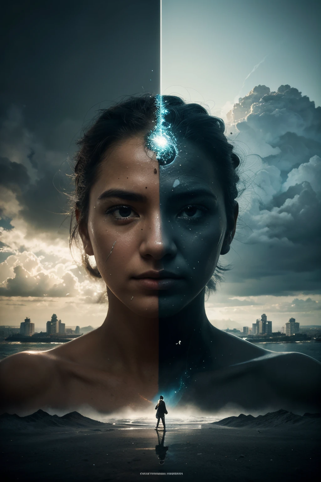 A harmonious blend of Erik Johansson’s surrealistic reality manipulation with Benedick Bana's fluid and expressive figure work. The double exposure technique should be employed skillfully to ensure a seamless and natural transition between the two contrasting environments, artwork symbolizes the potential for harmony and unity amidst conflict and division. It's a visual metaphor for the transformative power of connection and the possibility of finding common ground in seemingly disparate circumstances, surreal art, digital photography, 3d render, photo, dark fantasy, vibrant, graffiti, conceptual art