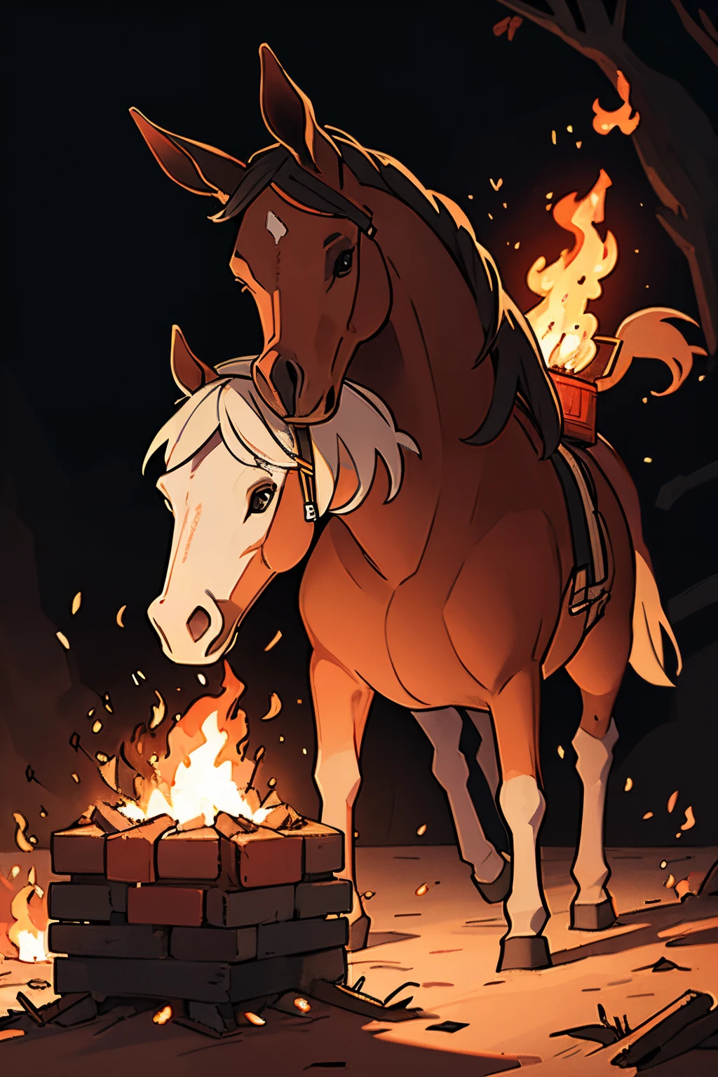 horse, head fire, headless, bonfire in head