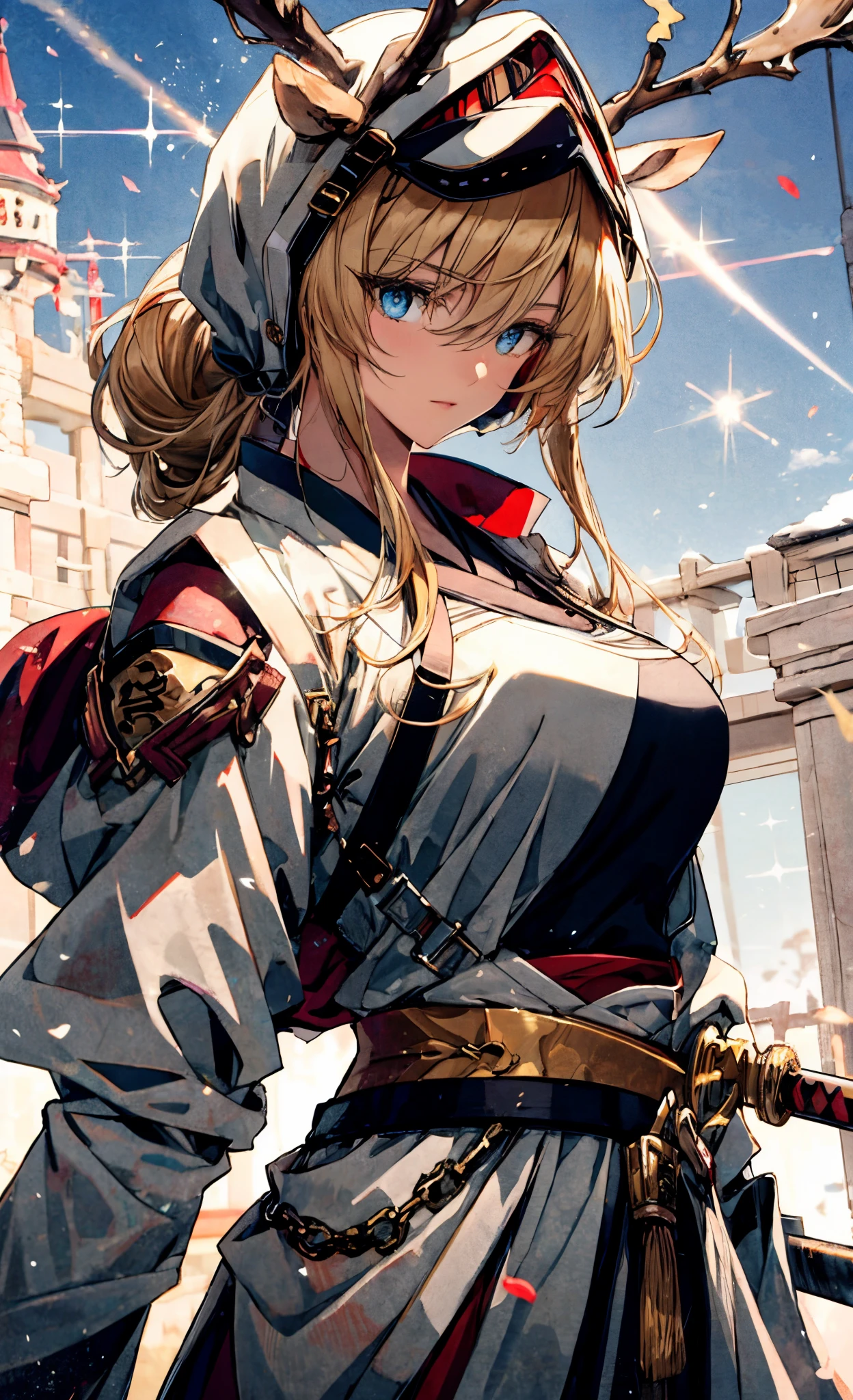 tmasterpiece, Best quality at best, 1个Giant Breast Girl, coiffed blonde hair, blue color eyes, walking swordswoman, holland angle, Cinematic, Volumetriclighting, rays of sunshine, gentlesoftlighting, mistic, magical, edge lit, fanciful, spark of light, a slight light, ponytail haircut, Hanfu, With a sword on his back, Ancient China, White and yellow clothes, The bird, The crane, long whitr hair, thick eyebrow