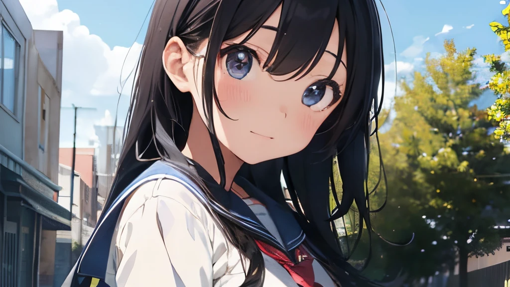 High School Girl,looks shy、Sunny blue sky、Uniform is sailor suit、Plain but cute、Long Black Hair、The illustrations are in the style of romance manga and anime.。