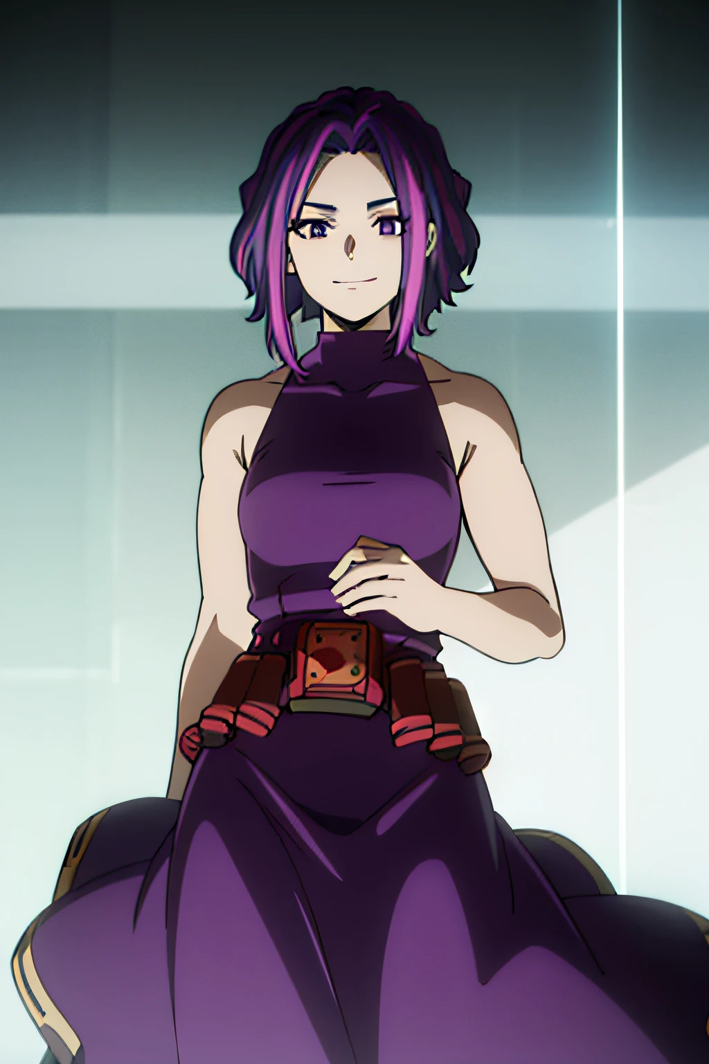 KAINA TSUTSUMI, PURPLE HAIR, PINK HAIR, STREAKED HAIR, (PURPLE EYES:1.1), SHORT HAIR, (PARTED BANGS:1.5), DRESS, PURPLE DRESS, SLEEVELESS, BARE SHOULDERS, SKIRT, PURPLE SKIRT, BELT, 1girl, solo, upper body, facing viewer, looking at viewer, smile,