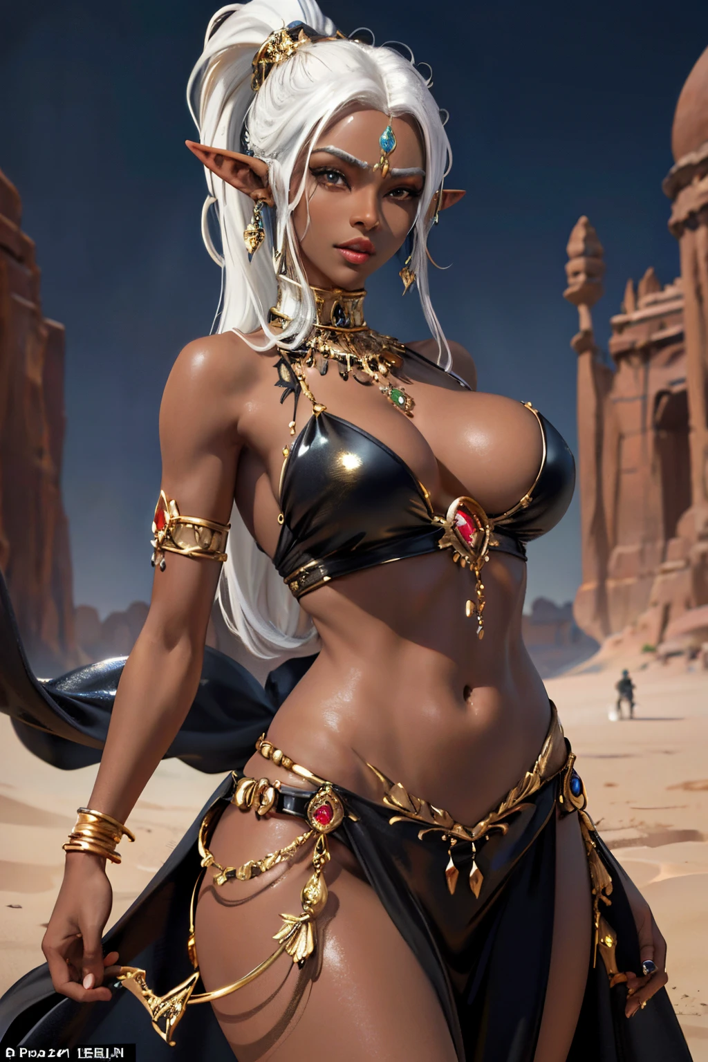 (masterpiece: 1.2, best quality), (1milf, solo), big breasts, elves, elf ears, (dynamic position), (shiny skin, darkskin), black dress, (Sahara Desert), black ponytail, brians, (jewellery, gold ornaments:1.15 ), white hair, large pelvis