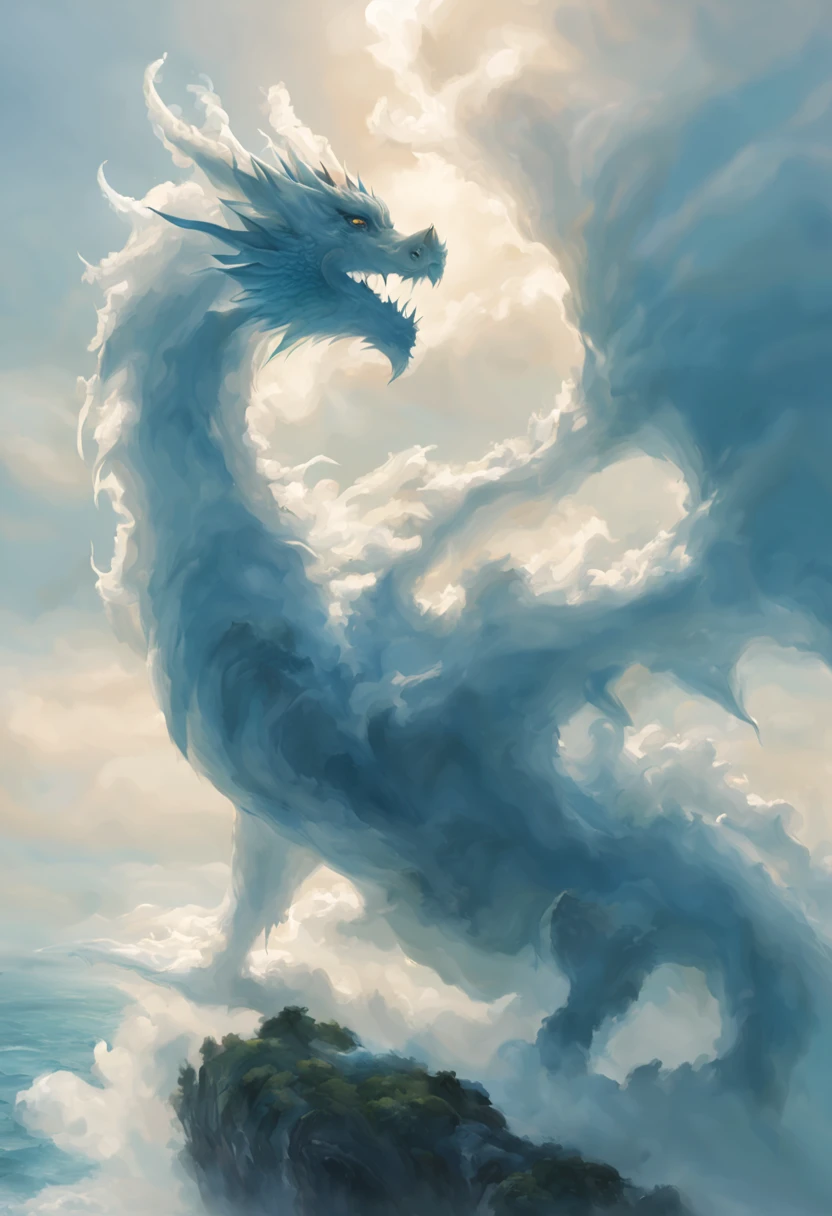 cloud,dragon-shaped cloud,ocean in the background,misty atmosphere,ethereal lighting,wispy clouds,flowing lines,shades of light blue and white,serene and majestic scene,stunning details,artistic interpretation,painterly style,masterpiece:1.2