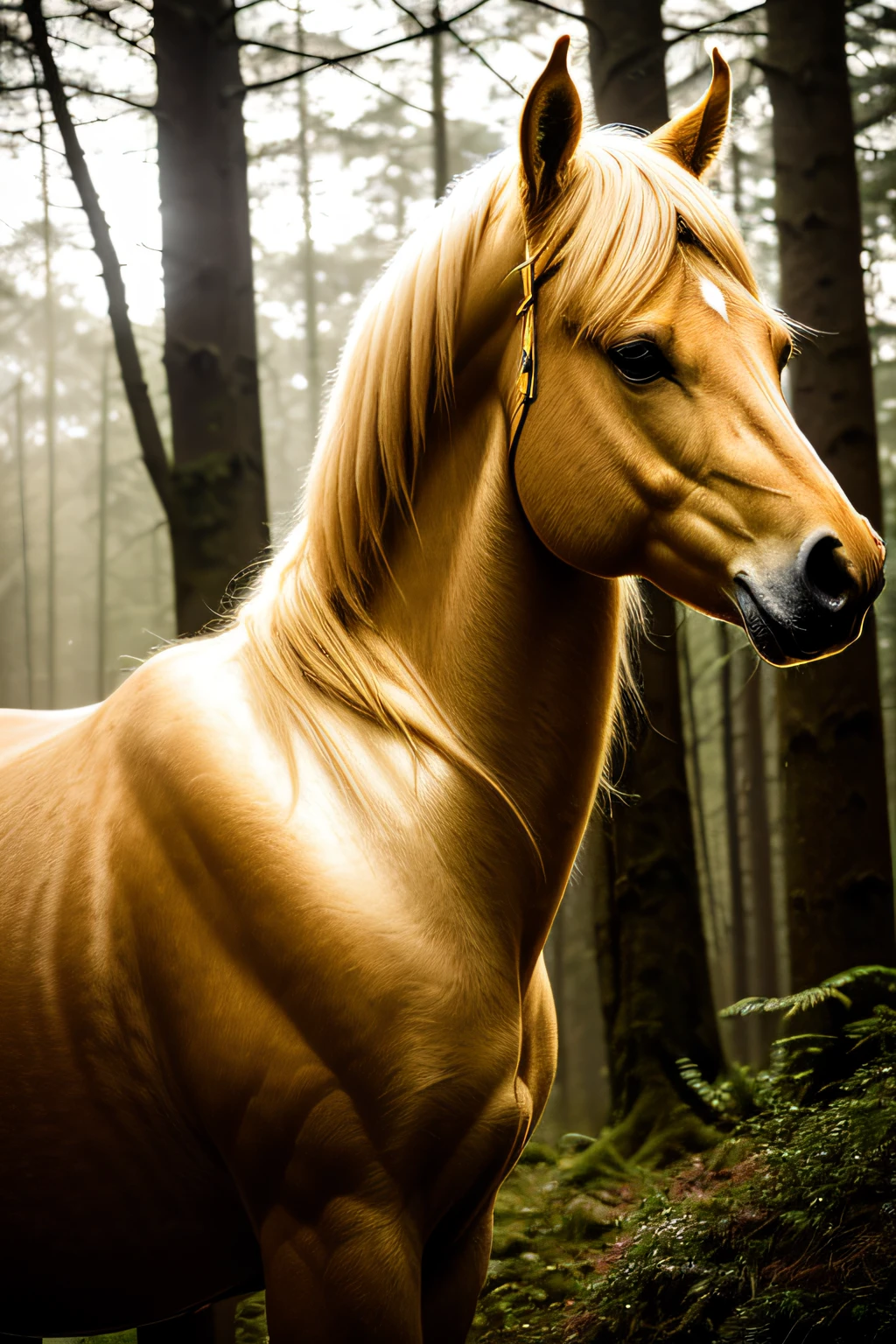 Close-up photo of a majestic golden horse in the forest,looking at the camera in,Soft volumetric light,(The light from the back window is backlighted:1.3),(cinematic ligh:4.2),Complicated details,(ArtStation:1.4),Rutkowski