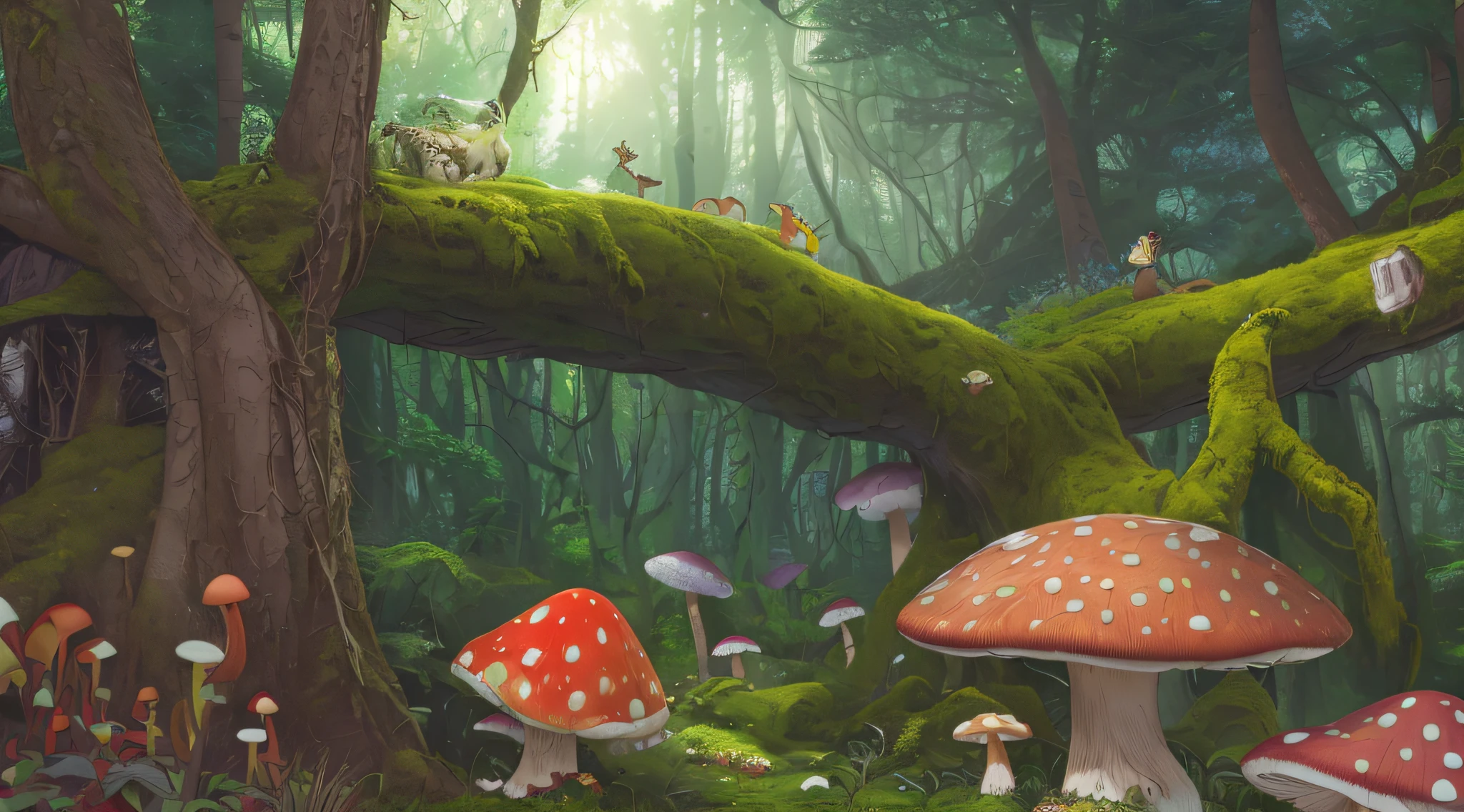 (best quality,4k,highres),woodland, magical forest, mushroom, cartoon style, colorful, vibrant colors, detailed textures, enchanting atmosphere, sunlight filtering through the trees, moss-covered ground, towering trees, whimsical creatures peeking out, fairytale-like, sense of wonder, peaceful, serene, nature, fantasy, tranquility, vivid hues, surreal, dreamy ambiance