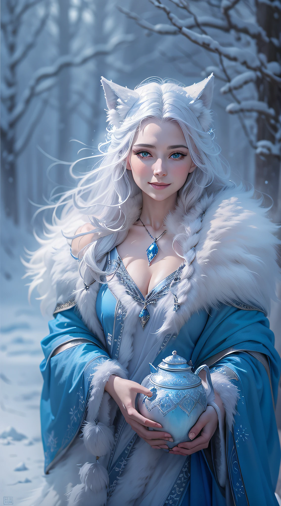 White wolf woman, in a blue silk flowing dress there is a fur cape on the shoulders, carries water in a jug, Snow flashes in the grove, wolf ears, ruddy face, Kind smile, Masterpiece, frost, frost crystals, hyper realisitc, ultradetail, Portrait