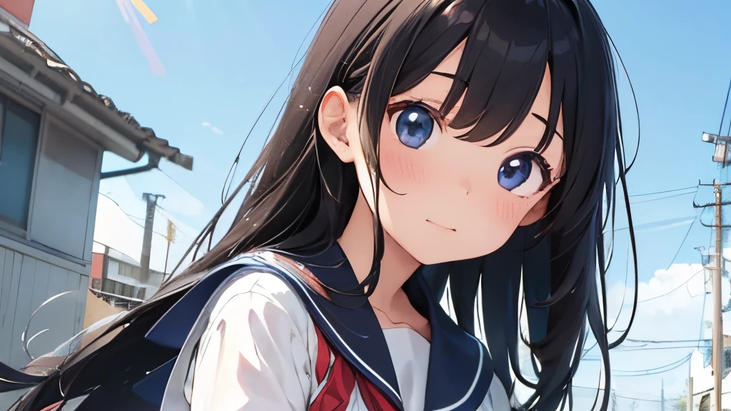 High School Girl,Has a very surprised face、Sunny blue sky、Uniform is sailor suit、Plain but cute、Long Black Hair、The illustrations are in the style of romance manga and anime.。