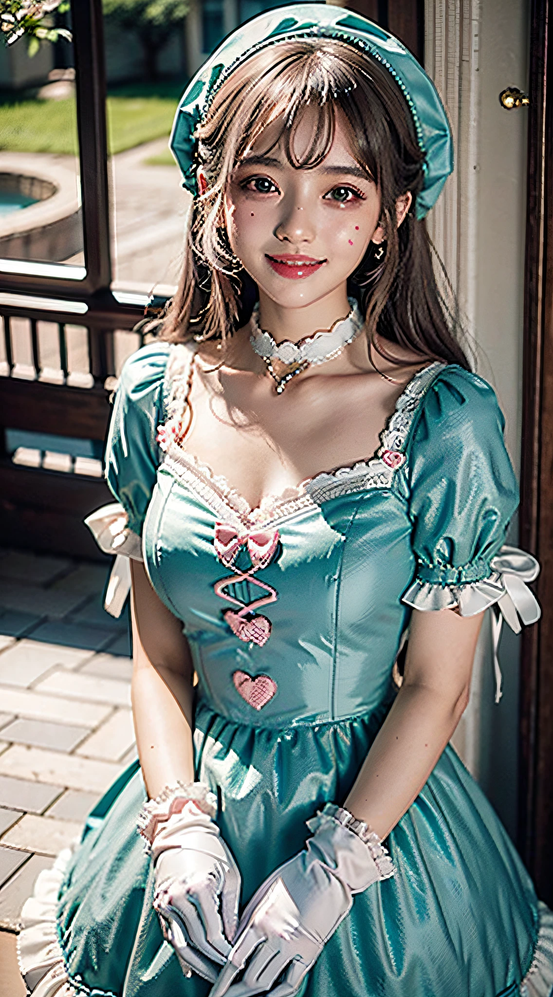 1girl, photo, masterpiece, sweetlolita, tosca dress fabric, heart shape on cheek, blush pink makeup, gloves, smile, pastel color, ornate, broderry, bokeh,