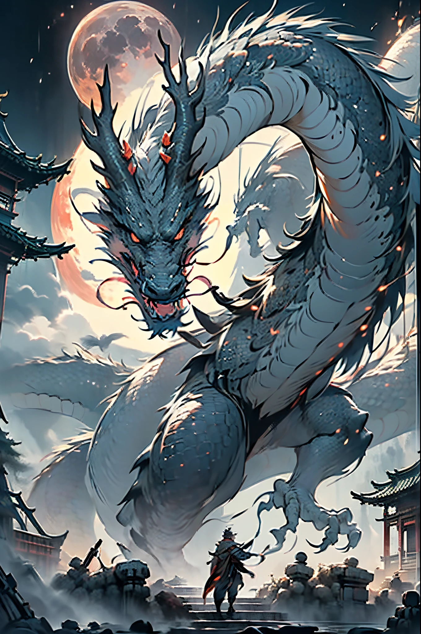 （(His works have won many awards, With incredible details, textures and maximum detail，(フォトリアリスティック))），Describing people and dragons being together，（chinesedragon：1.6），（sky sky， Surrounded by clouds），（Chinese mythology：1.2），Fantastical、Mito、high high quality、((Otaka,well-proportioned man))，((Big muscle man))，（Handsome face：1.4)，（Messy White Hair），(Anatomically correct limbs and physique:1.5), (Anatomically correct perspective and occlusion：1.5)，(Gender characteristics are very obvious：1.5)，(correct faces), ((add some scenes：Moon Night，temple ruins，A huge full moon lights up the night sky，(( (Complicated details:1.1), the complex background))， ((dynamic viewing angle+dynamic combination))，Correct anatomy，