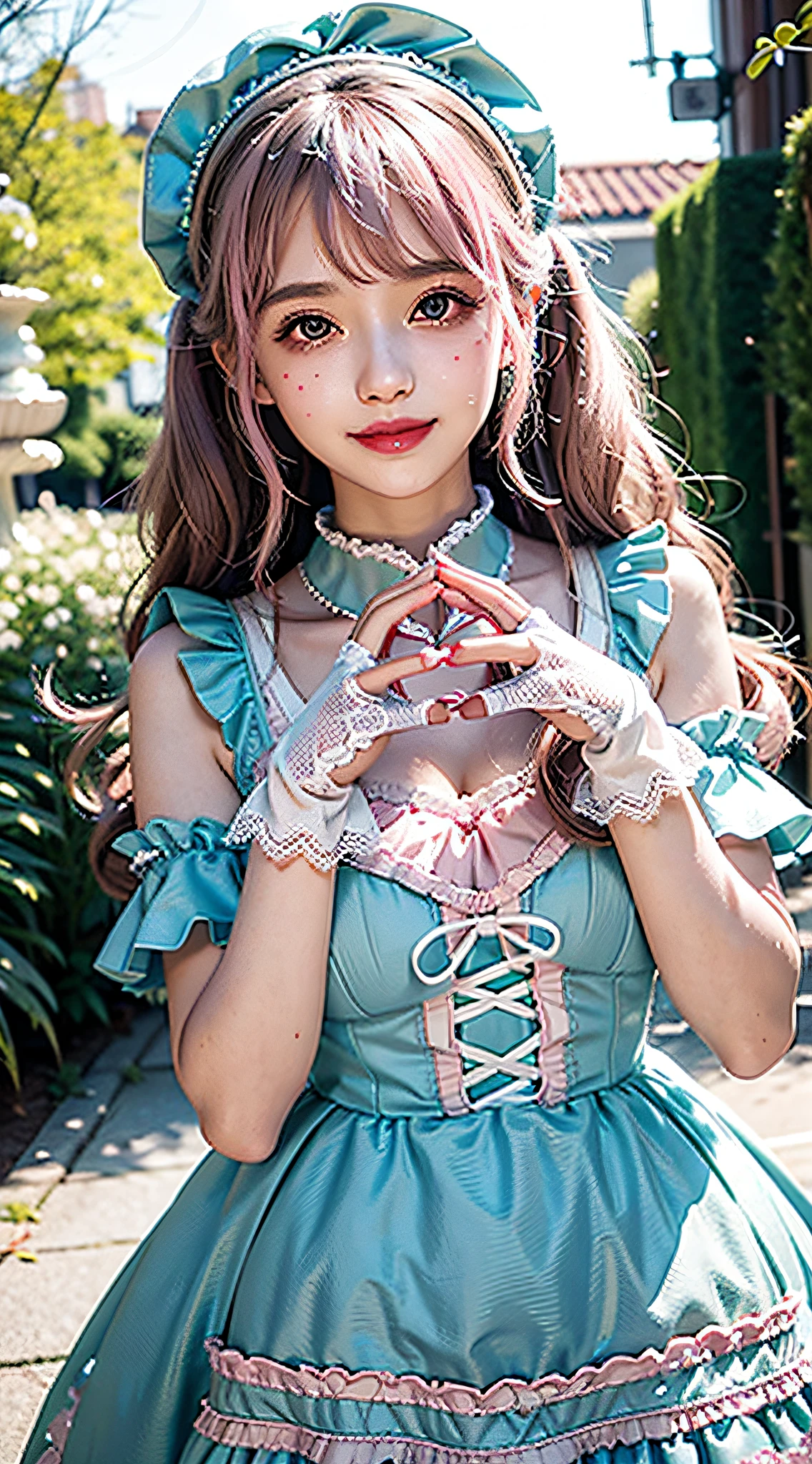 1girl, photo, masterpiece, sweetlolita, tosca dress fabric, heart shape on cheek, blush pink makeup, gloves, smile, pastel color, ornate, broderry, bokeh,