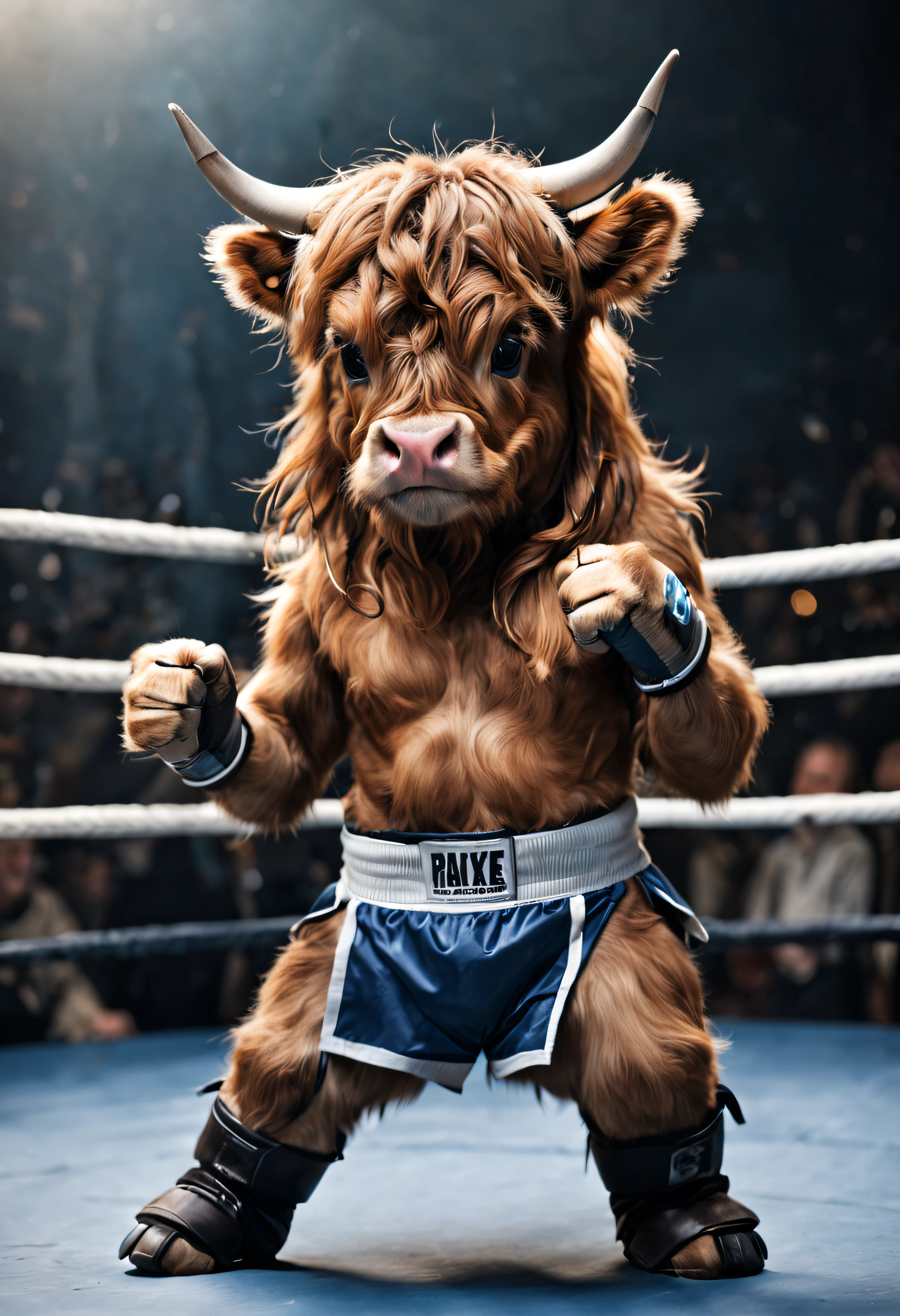  cute, Mini scottish highland cow, long hair, doing boxe, dressed as a boxer