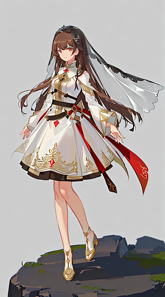 ((8K masterpiece)),Best quality,The content is very detailed,(1 girl),Long brown hair,delicated face,The eyes are bright,wide angles,veil effect。Full body design concept,clothes details,white and red dress,cloaks,gems for hair,
