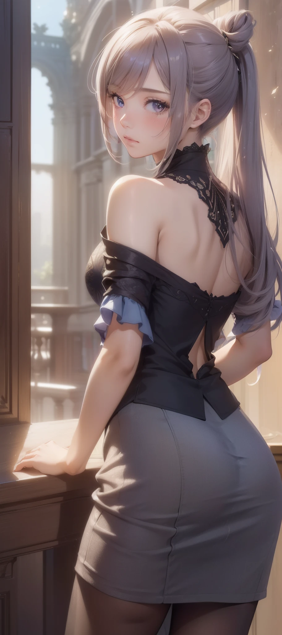 a detailed, high quality, ((fujiwara chika)), ((pink hair)), black ribbon on the head, arms behind the head, long sexy skirt,short top,large breasts,deep neckline,sexy, (((topless))), from behind,sexy butt,(best quality,4k,8k,highres,masterpiece:1.2),ultra-detailed,(realistic,photorealistic,photo-realistic:1.37),detailed textures,studio lighting,ultra-fine painting,sharp focus,physically-based rendering,extreme detail description,professional,vivid colors,bokeh,portrait