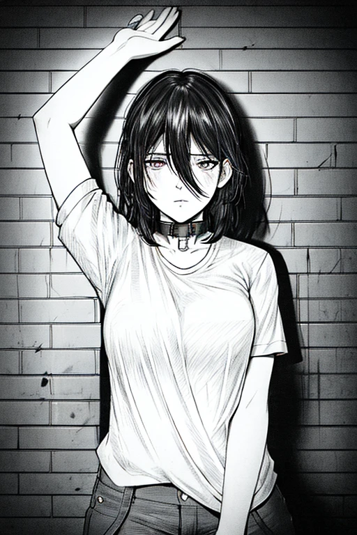 Best quality，Complicated details，line art，Mono Color，1个Giant Breast Girl，Long gray hair，black hair color hair，messy  hair，There is hair in one eye，sharp piercing eyes，Collar，The shirt，against a wall，brick walls，scribbles，dim dim lights，alley