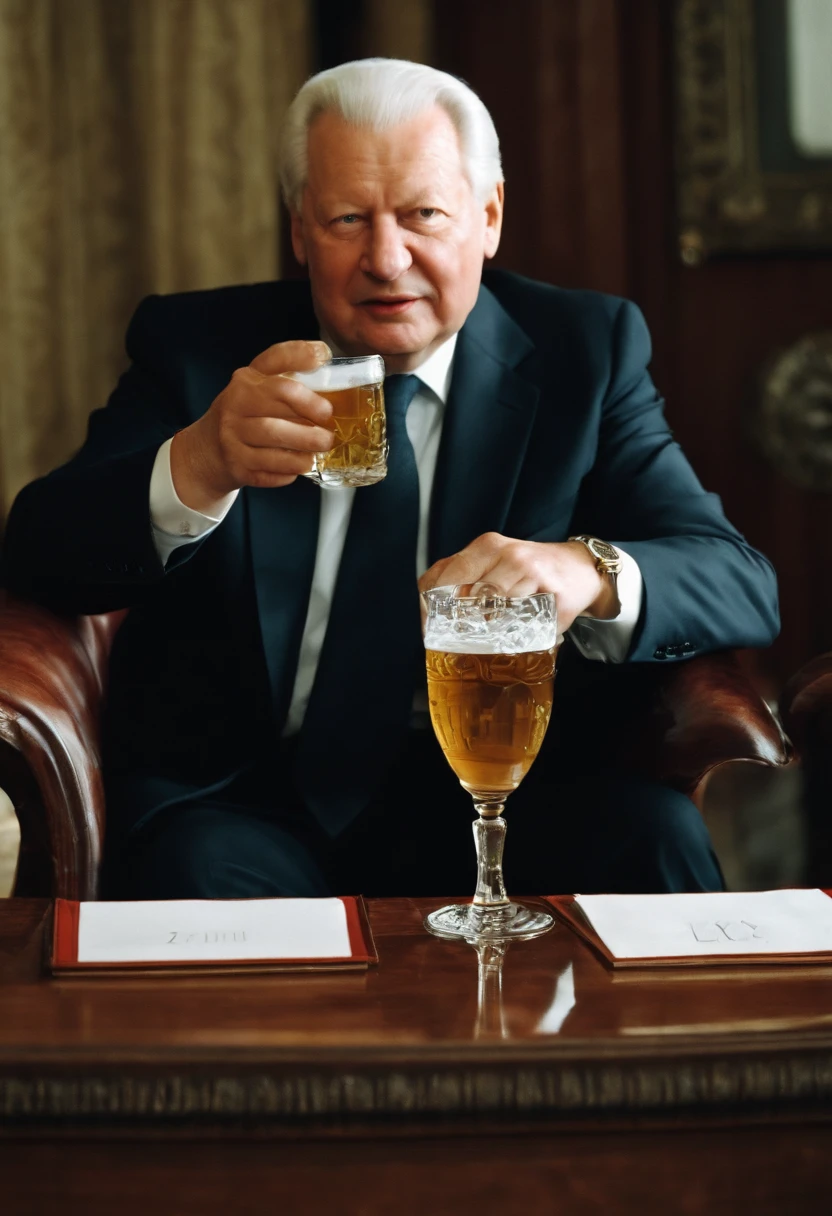 A photo of Yeltsin passionately giving a toast at a local pub,The Russian Federation,Yeltsin was of average height, standing at around 5 feet 8 inches (173 cm) tall. He had a sturdy and somewhat stocky build, with a noticeable roundness to his figure.

Facial Features: Yeltsin had a round face with a prominent jawline. He had a fair complexion, often appearing flushed or rosy-cheeked, which was sometimes attributed to his drinking habits. His face was characterized by deep-set blue eyes that conveyed a sense of intensity and determination. Yeltsin had thinning gray hair, which he typically wore short.

Expressive Eyes: Yeltsin's eyes were often described as expressive and animated. They had a lively and sometimes piercing quality, reflecting his strong personality and passionate nature.

Attire: Yeltsin's fashion sense was known for being relatively casual and unassuming. He often appeared in public wearing business suits, typically in dark colors such as blue or gray. On more informal occasions, he would opt for less formal attire, occasionally wearing sweaters or sport coats.

Body Language: Yeltsin's body language was often described as energetic and dynamic. He had a tendency to gesticulate with his hands while speaking, emphasizing his points with animated gestures. Yeltsin's physical movements were often characterized by a sense of vigor and purpose, reflecting his assertive and active approach to politics.
Over the years, the effects of aging became more apparent in Yeltsin's appearance. As he served multiple terms as President of Russia, his hair continued to gray, and wrinkles became more prominent. These signs of aging were often mentioned in media portrayals of Yeltsin during his later years in office.
Yeltsin's body language was often described as dynamic and active. He would often move around the stage or podium while speaking, using his gestures and physical movements to engage the audience. Yeltsin's body language conveyed a sense of urgency and purpose, reflecting his determination to bring about change.