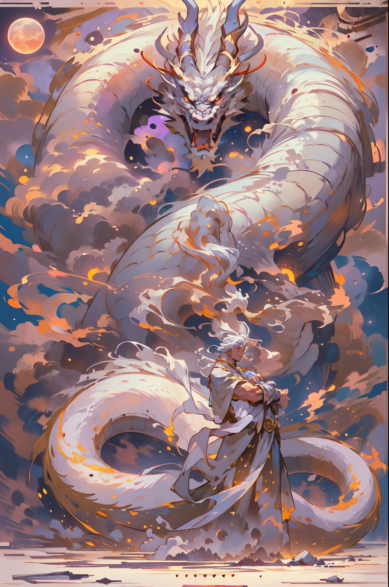 （(Multiple award-winning works, With incredible details, textures and maximum detail，(フォトリアリスティック))），Describe a man and a dragon together，（chinesedragon：1.6），（Skysky， surrounded by cloud），（Chinese mythology：1.2），fanciful、mito、high high quality、((large tall,shapely man))，((big muscular man))，（Handsome face：1.4)，（Messy White Hair），(Anatomically correct limbs and physique:1.5), (Anatomically correct perspective and occlusion：1.5)，(Gender characteristics are very obvious：1.5)，(correct faces), ((Add some scenes：Moon Night，Temple ruins，The huge full moon lights up the night sky，(( (Complicated details:1.1), the complex background))， ((dynamic viewing angle+dynamic combination))，Correct anatomy，