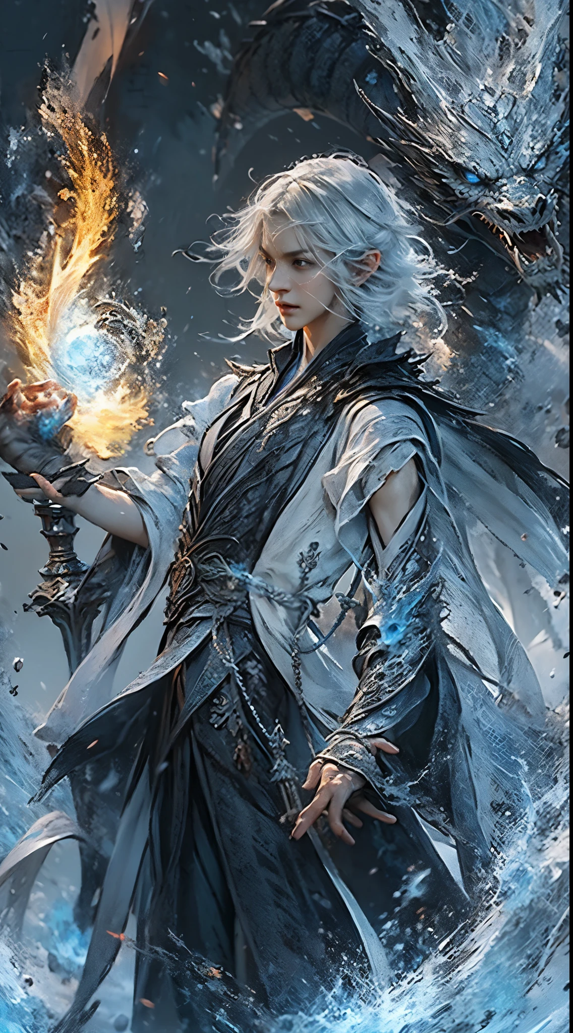 A high resolution，high detal，8K，独奏，（A boy with:1.9），cool guy，HD face，Messy silvery short hair and medium white hair at the ends，A gifted dark spell master，Black and white spell master set，In one hand there is a fireball burning with blue flames，fire flame effect：1.3，The ferocious black dragon surrounded the male protagonist，The content is very detailed，Ultra-high sharpness，Thick coating，Blend the background