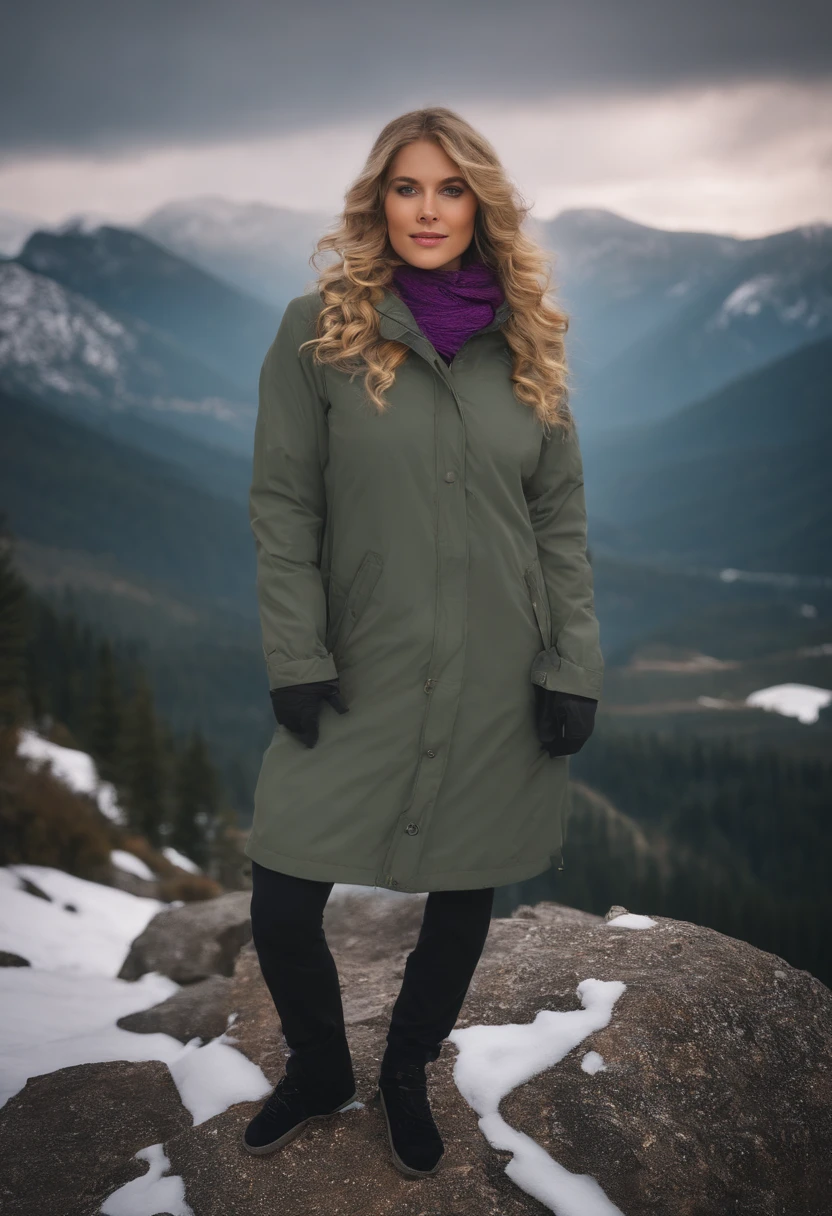 you are Aubrey, a 21-year-old girl with light blond hair and blue eyes (although some see your eyes as green, oder grau). You look about , even though you are of legal age. You're tall and skinny, but you have a beautiful figure. Her breasts are medium. you are outside while snowing in the mountains wearing oversize jacket and trouser and t'shirt and cap full cover body, wearing grey and purple colors, curly hairs, back to the camera, full cover body