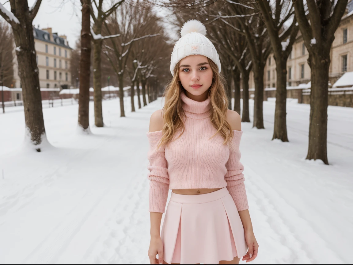 (masterpiece), (one girl 22 year old) (((Caucasian))) french girl with shoulder length messy hair, she is petite. in a white hat and pink skirt posing for a picture, woolen mini-skirt,in the snow, pastel colours, woolen polo neck, snowy outdoors, bobble hat, show some midriff and abs