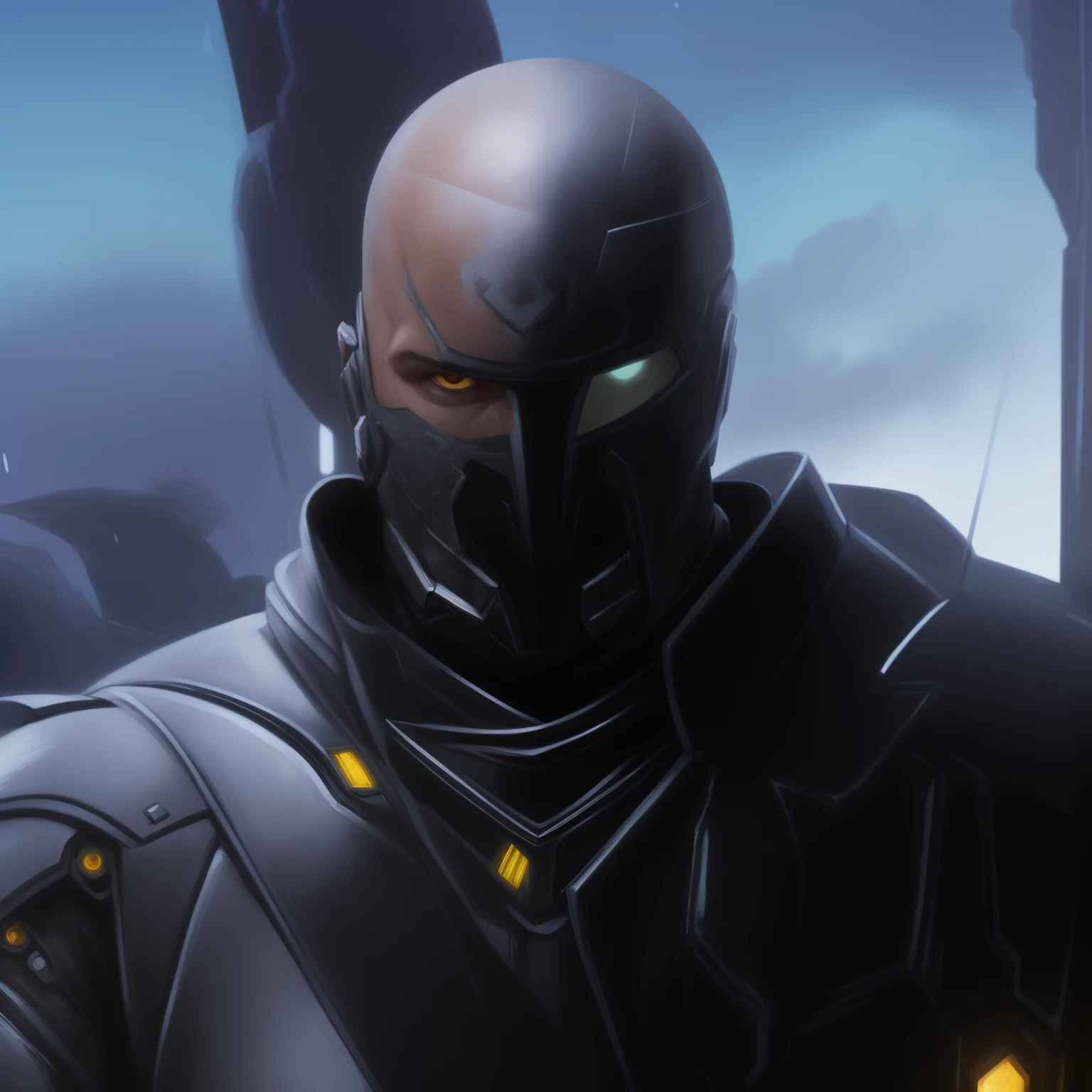 homem arafiado em um terno futurista com capacete, metabaron, inspirado em Rajmund Kanelba, face of an armored villian, Anfas Retrato de um guerreiro Mech, Turian, Baptiste de Overwatch, vestido com armadura furtiva, clothed in sci-fi military armor, bald head and menacing look, Foco da armadura no rosto, Balaskas